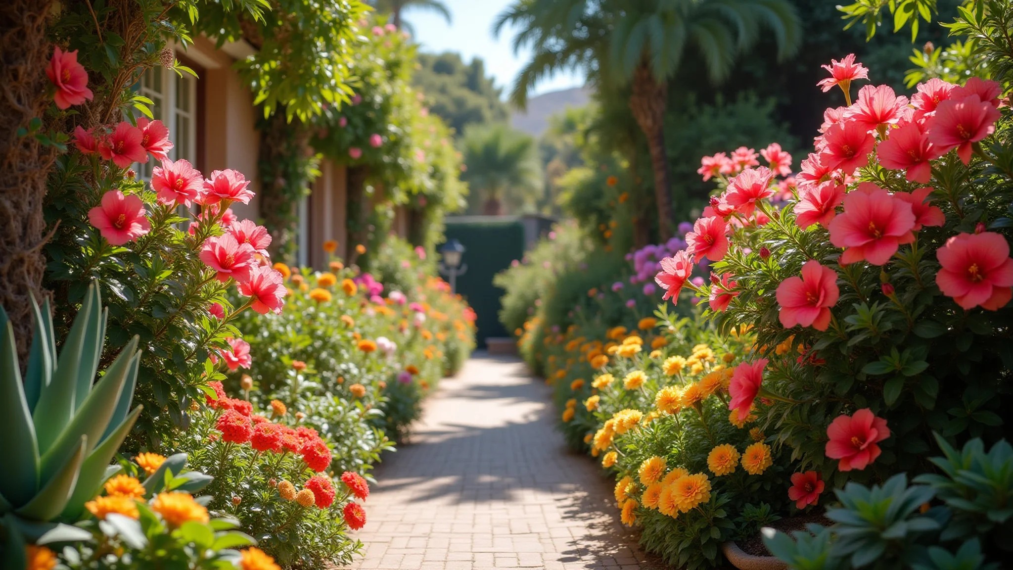 Jardim vibrante com plantas ornamentais de sol, incluindo primavera, hibisco, lantana, gazânia, cactos e suculentas.