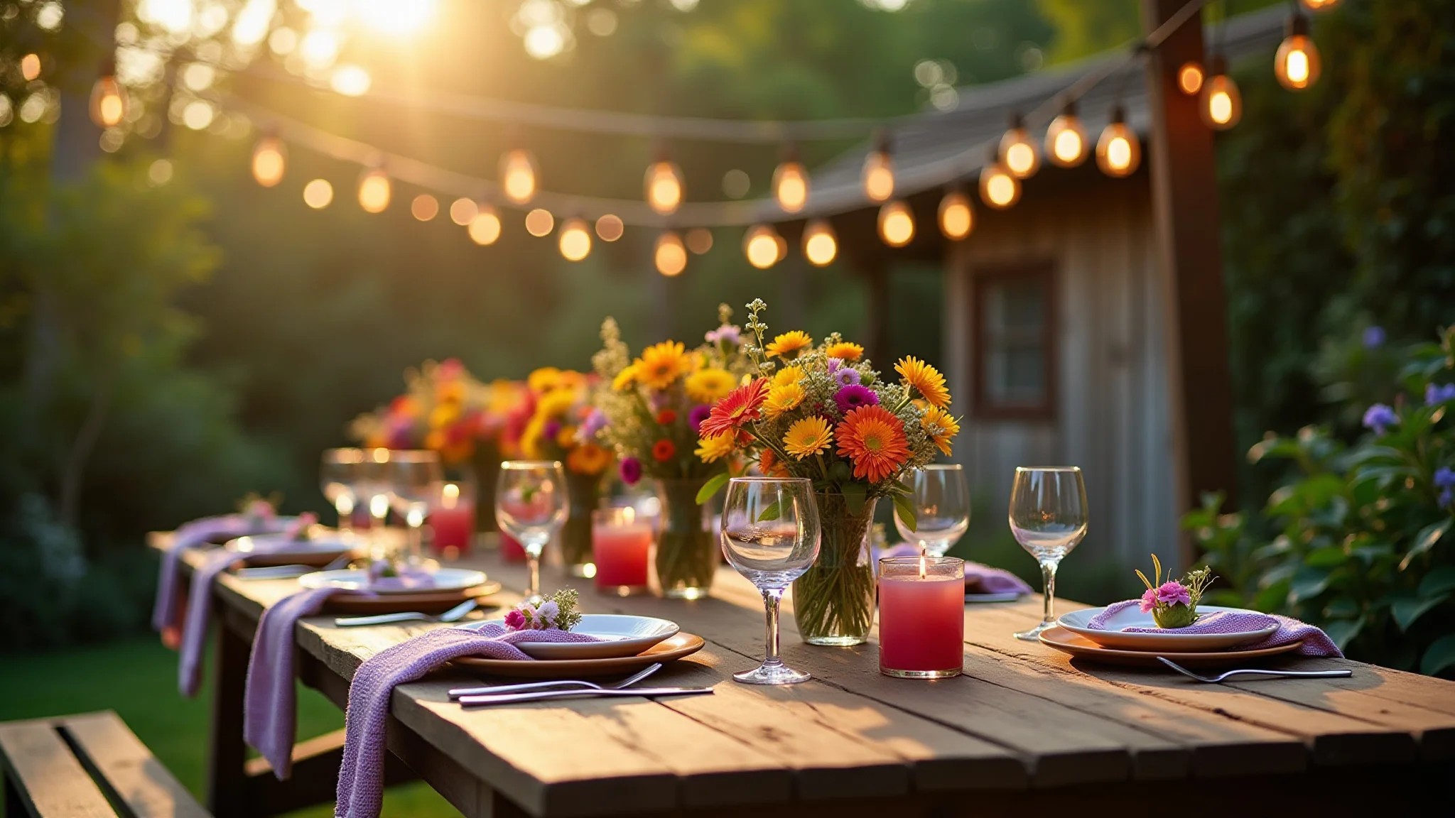 Decoração vibrante para festa no jardim com luzes e flores coloridas.