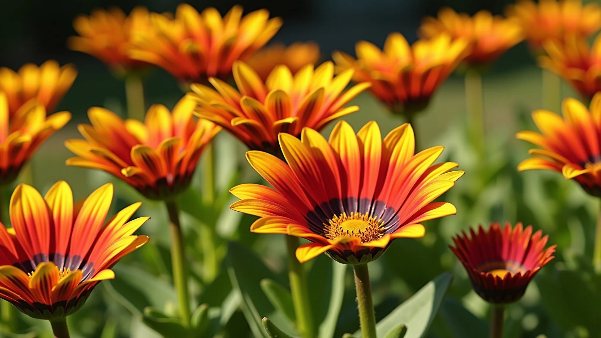 Flores vibrantes de Gazania rigens em plena floração sob o sol.