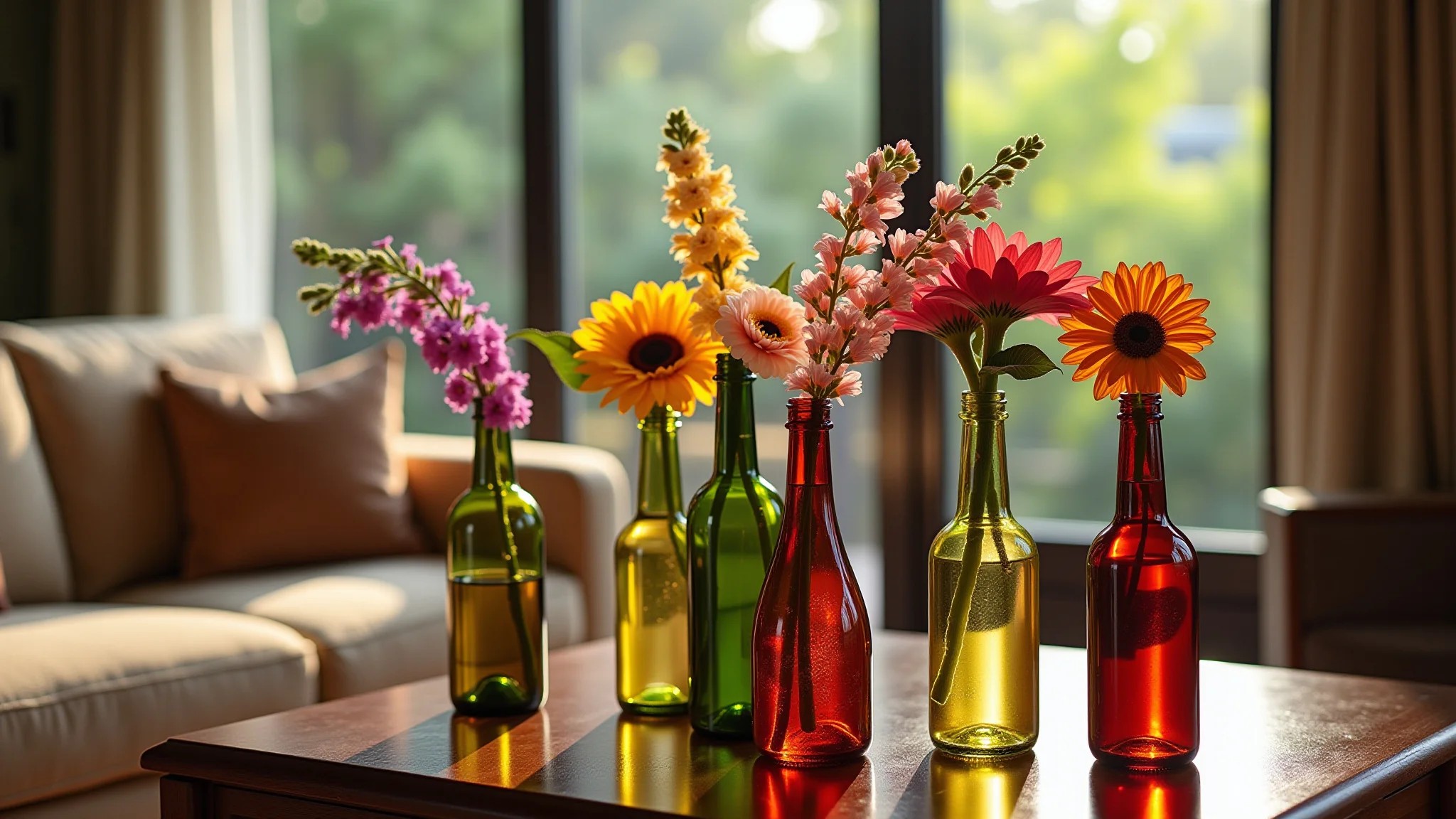 Sala brasileira vibrante com garrafas de vinho reutilizadas como vasos de flores coloridas.