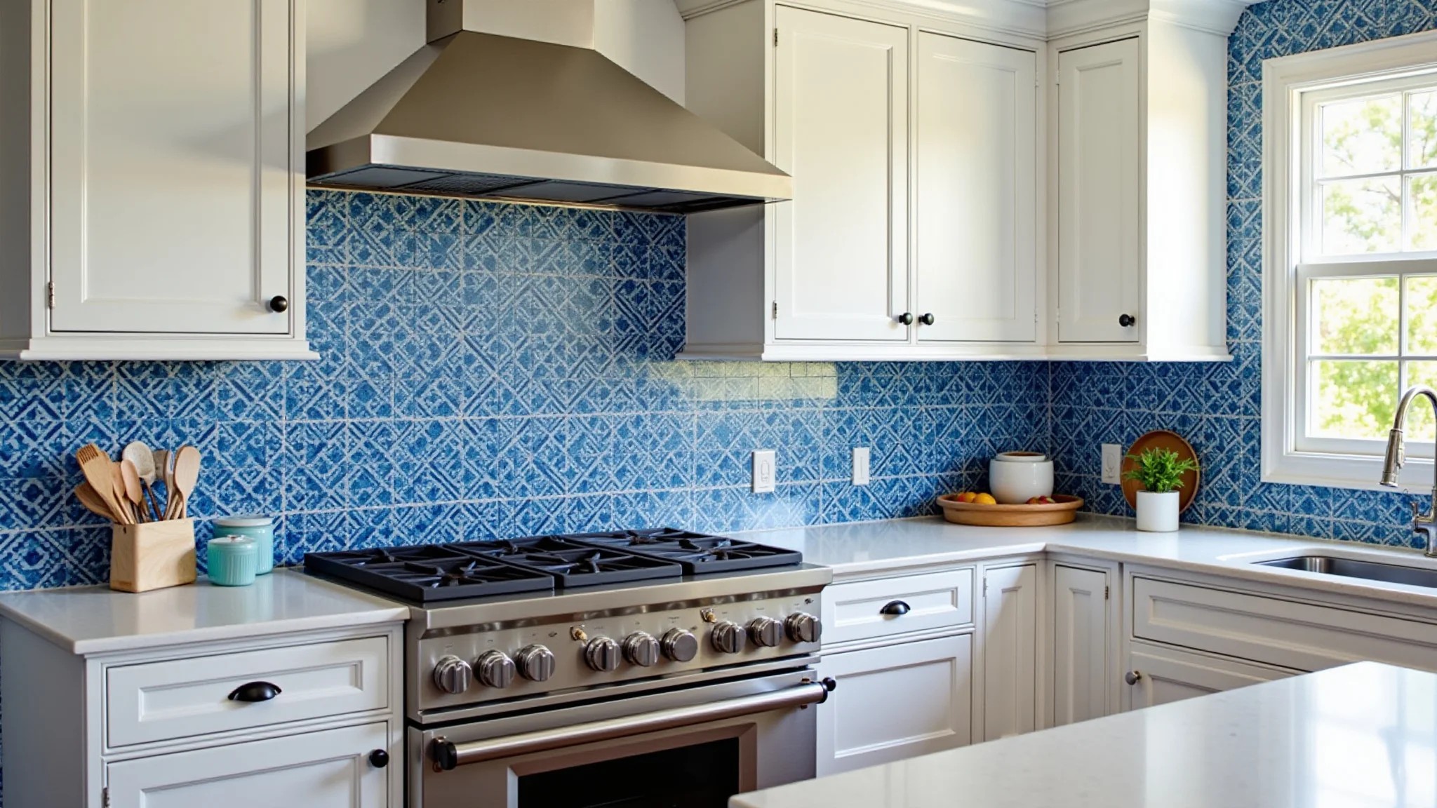 Cozinha vibrante com backsplash de azulejos azuis, eletrodomésticos inox e iluminação natural.