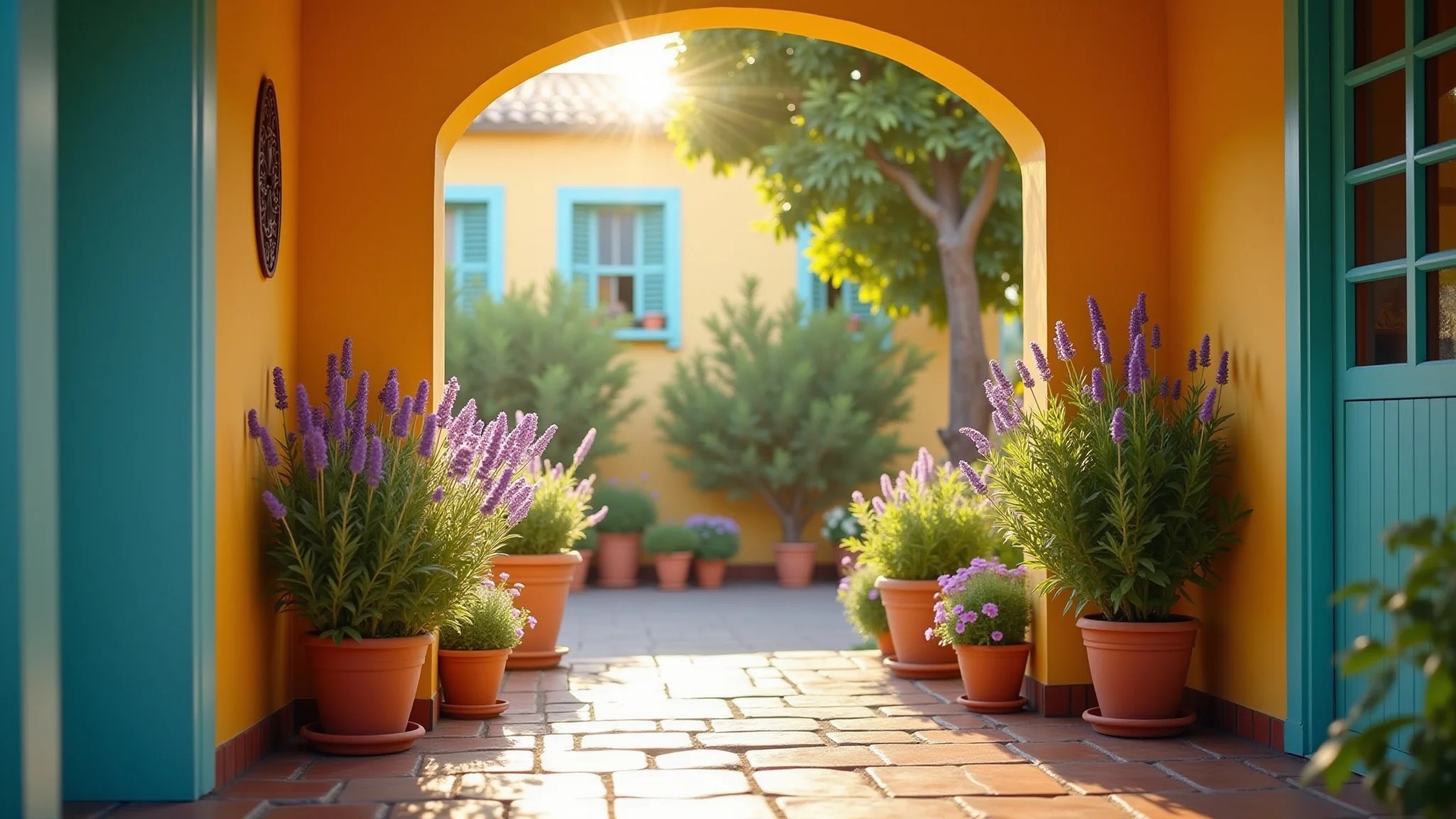 Entrada de casa brasileira com lavanda, jasmim e gardênia em vasos, iluminada pela luz dourada do sol.
