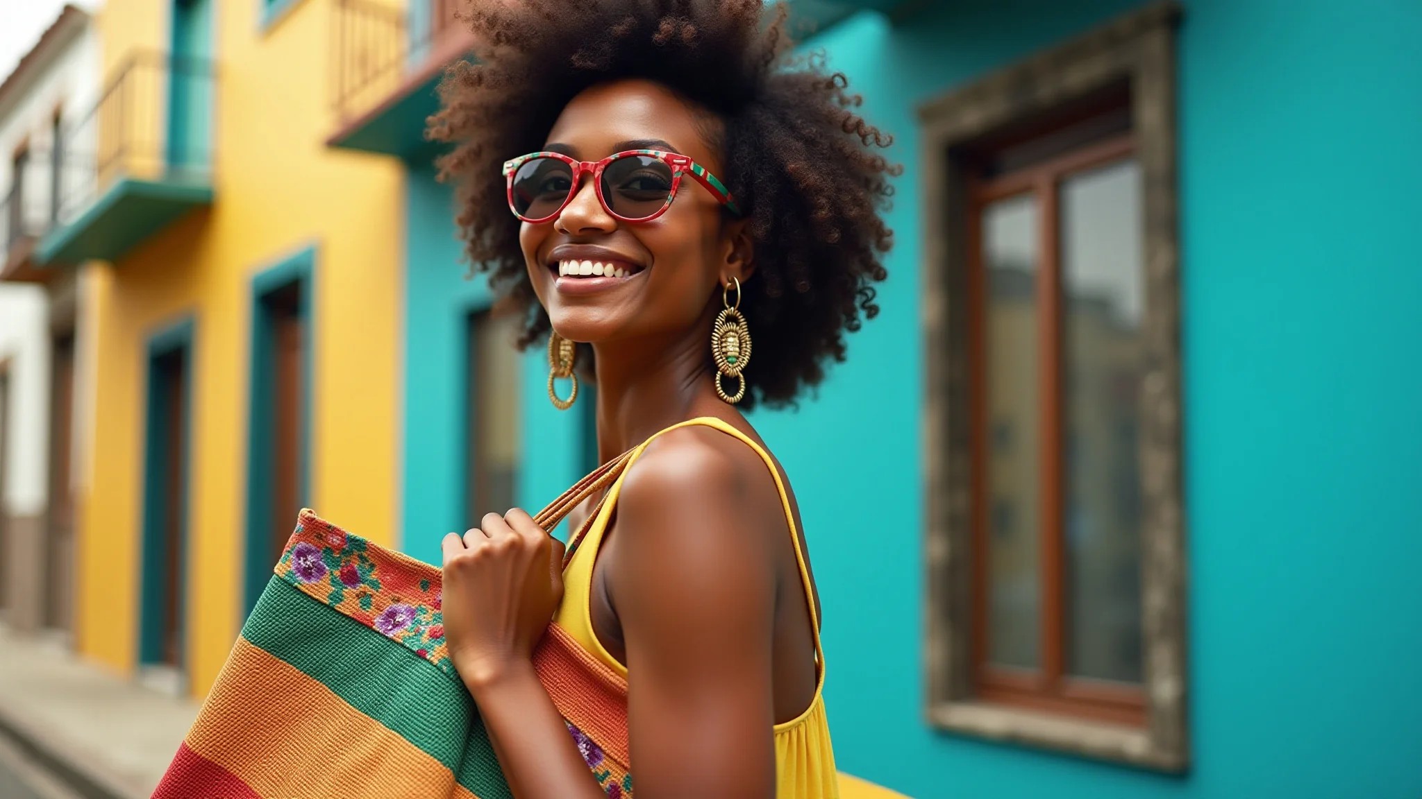 Mulher estilosa no Rio com tote bag colorida, design brasileiro.