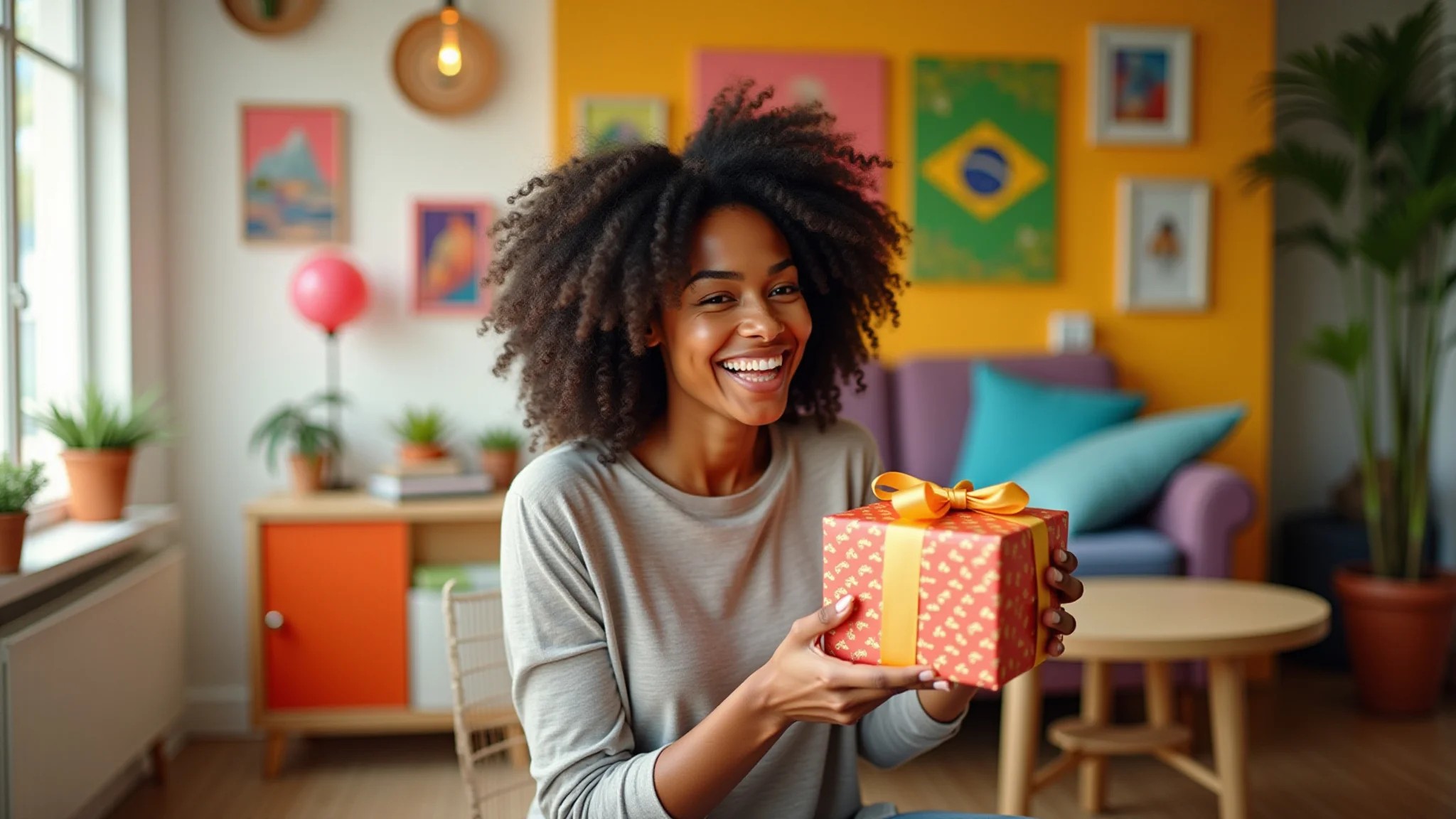 Mulher feliz recebendo presente de aniversário com decoração brasileira vibrante.