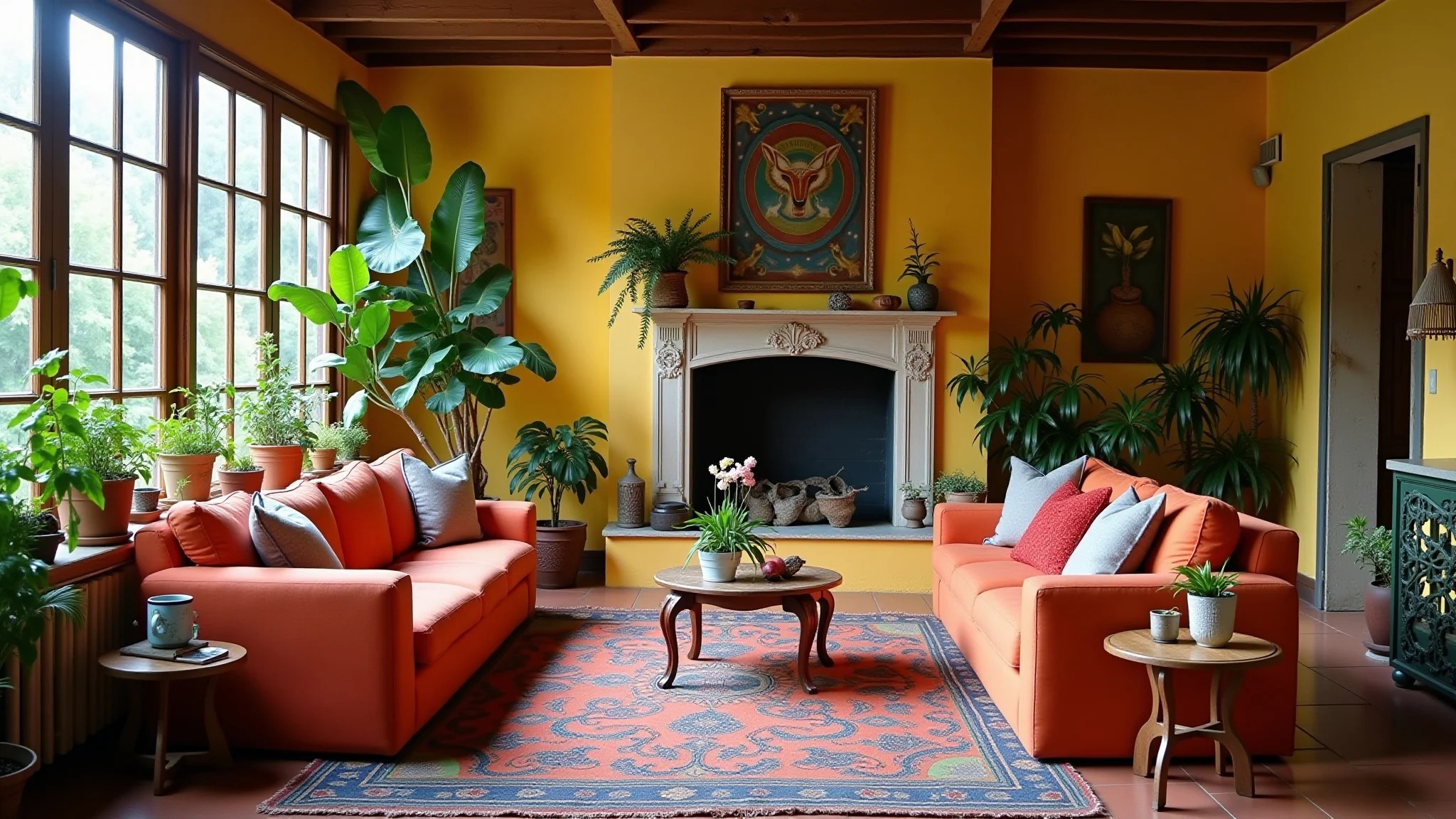 Sala de estar vibrante com móveis coloridos, estilo brasileiro, decoração Farm Rio e iluminação natural.