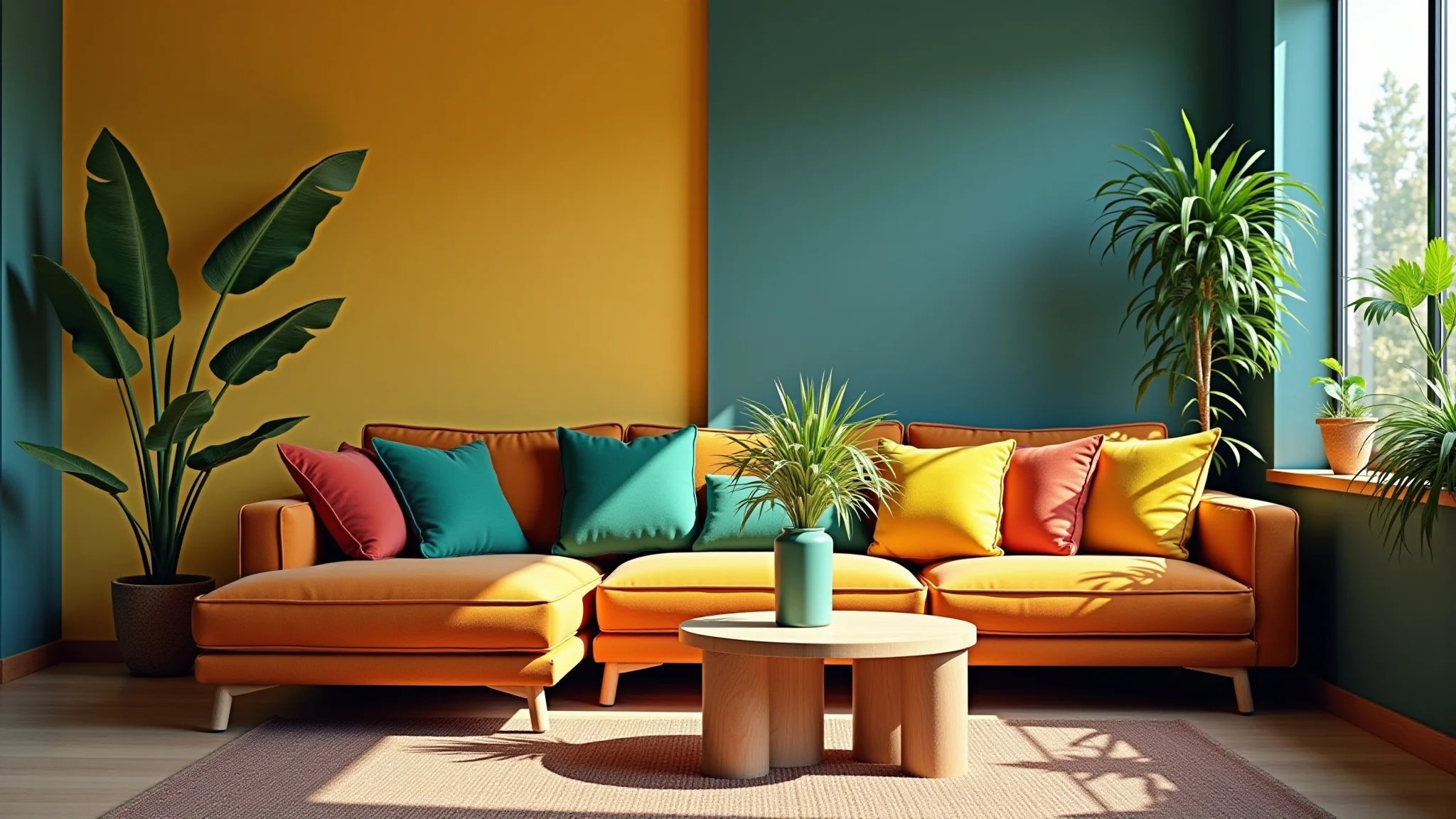 Sala vibrante com suportes criativos para plantas no chão, estilo brasileiro.