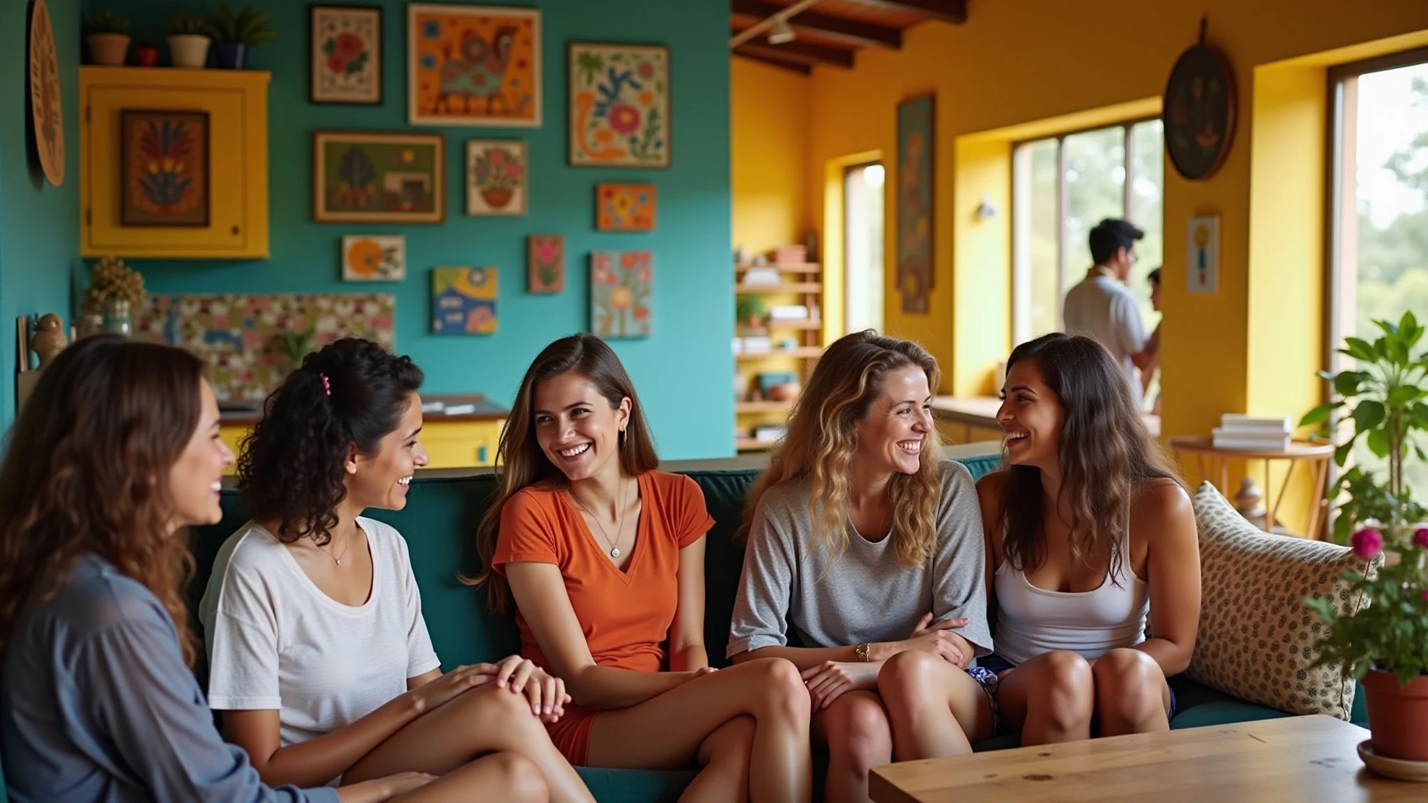 Sala de estar vibrante com amigos rindo, decoração colorida e aconchegante em estilo brasileiro.