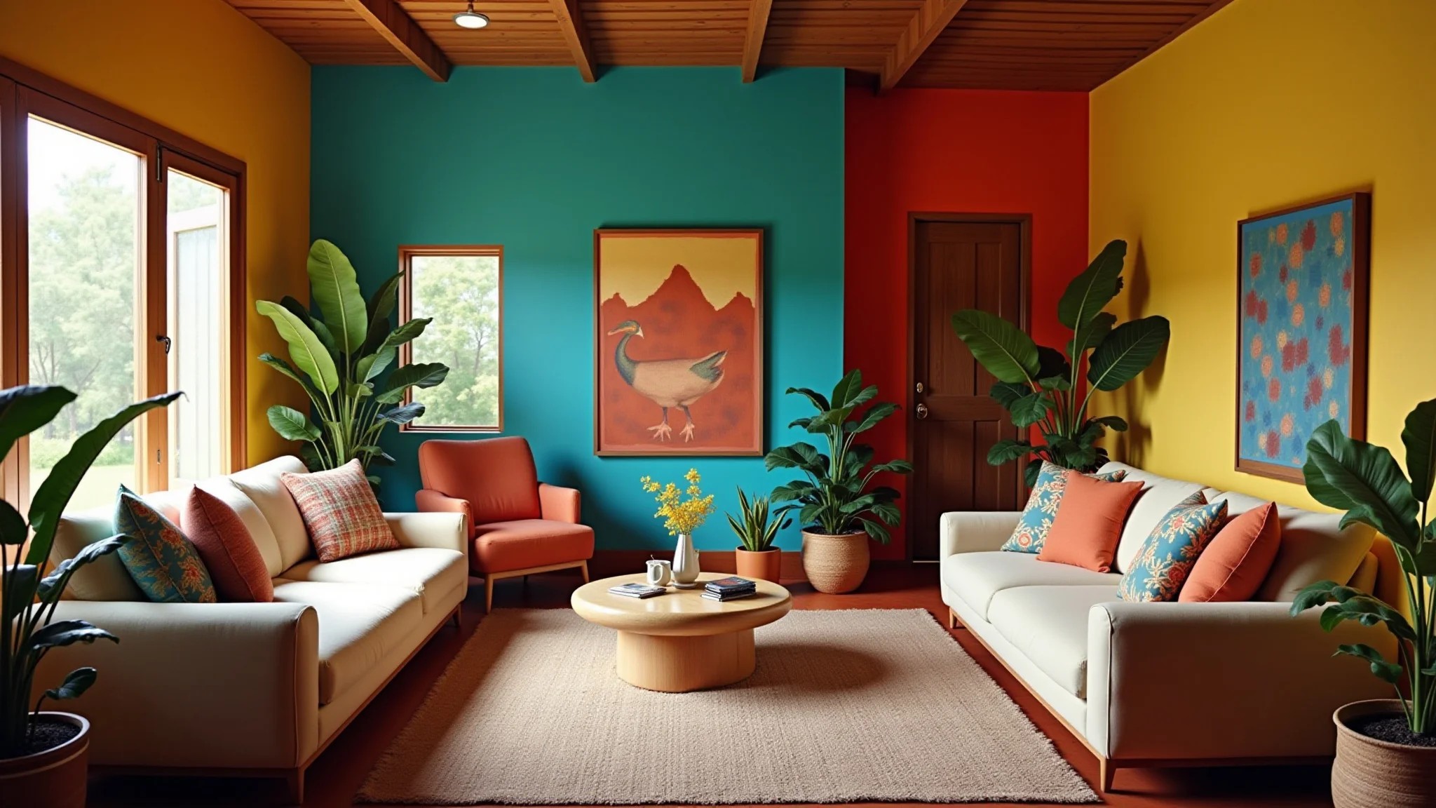Sala de estar vibrante com paredes coloridas, design brasileiro e luz natural.