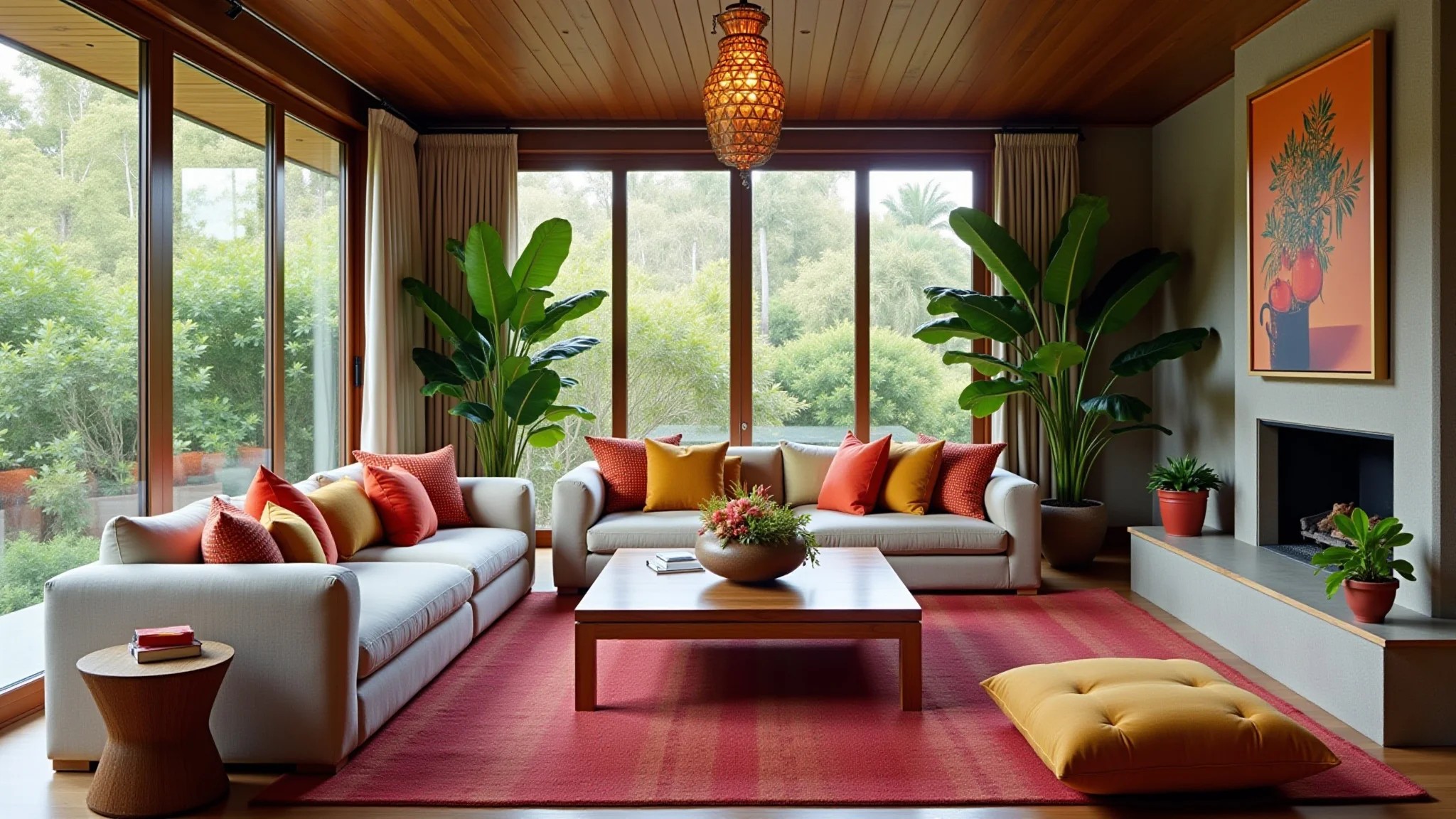 Sala de estar vibrante com dracena marginata como ponto focal e design brasileiro.