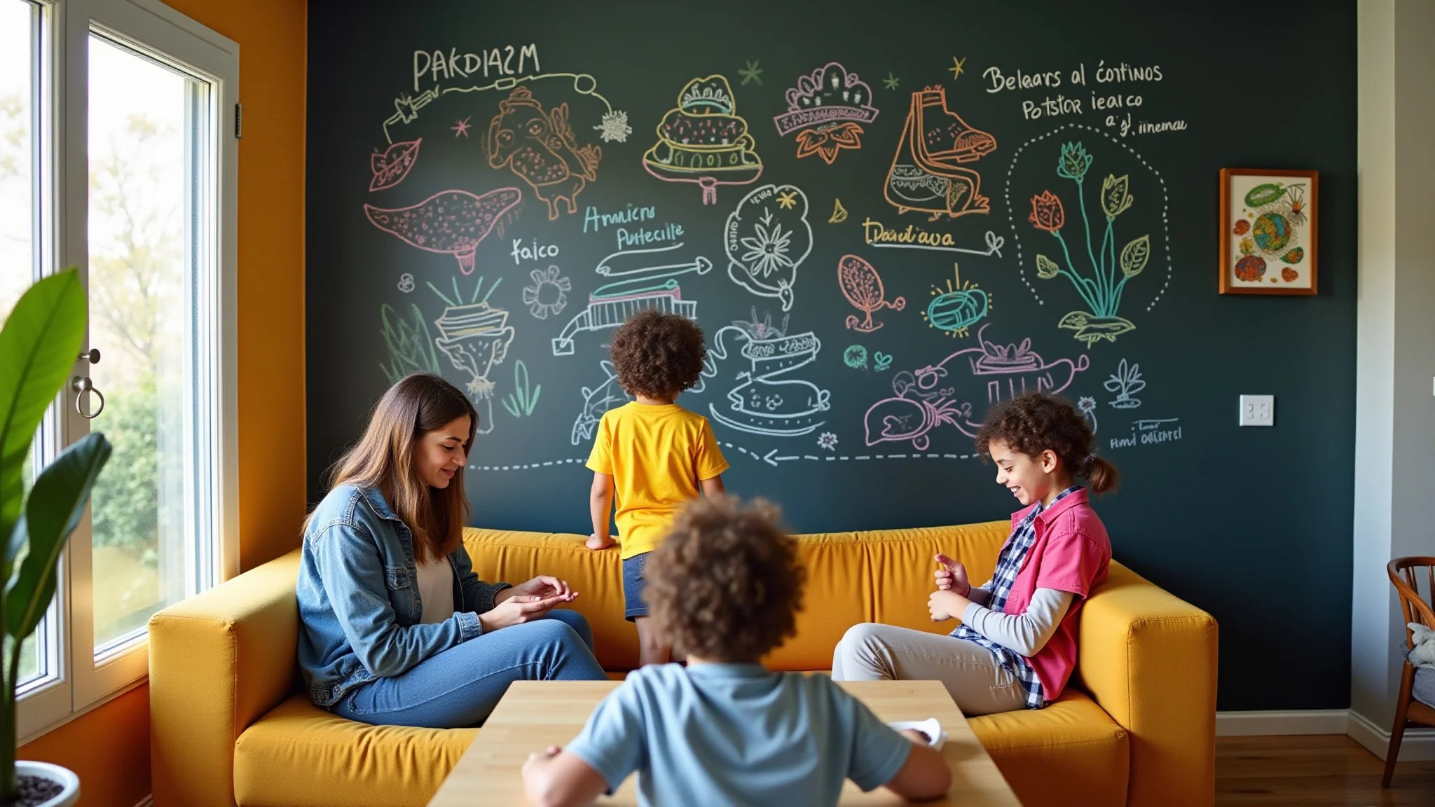 Sala de estar vibrante com parede lousa e desenhos coloridos, decoração brasileira.
