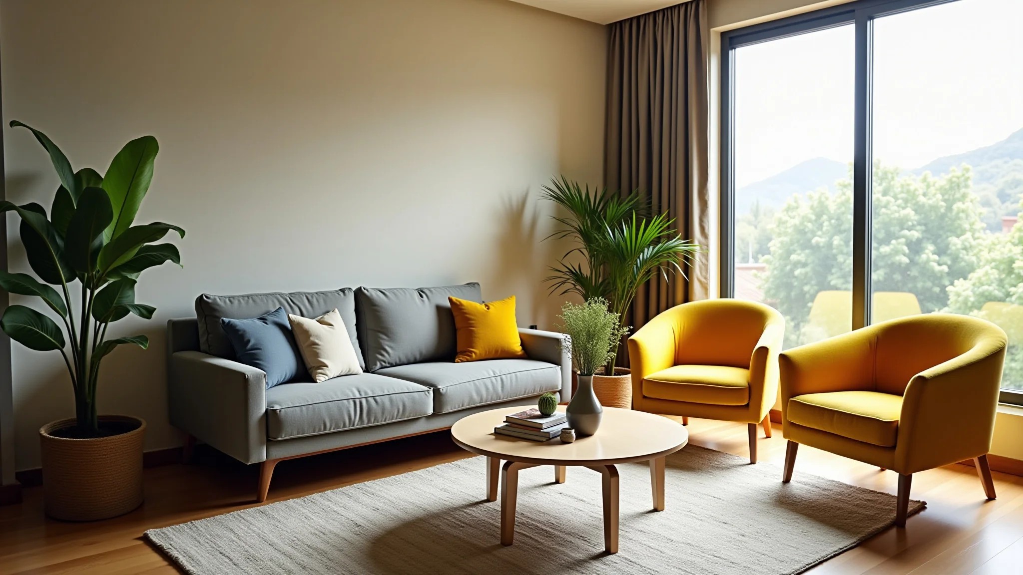 Sala vibrante com sofá cinza, poltronas amarelas e design brasileiro.