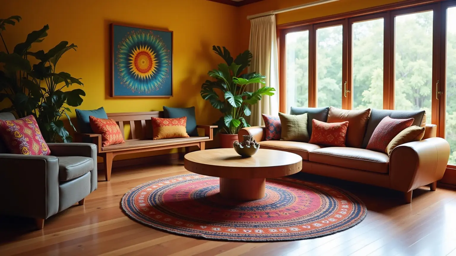 Sala de estar vibrante com tapete redondo sob mesa de centro de madeira.