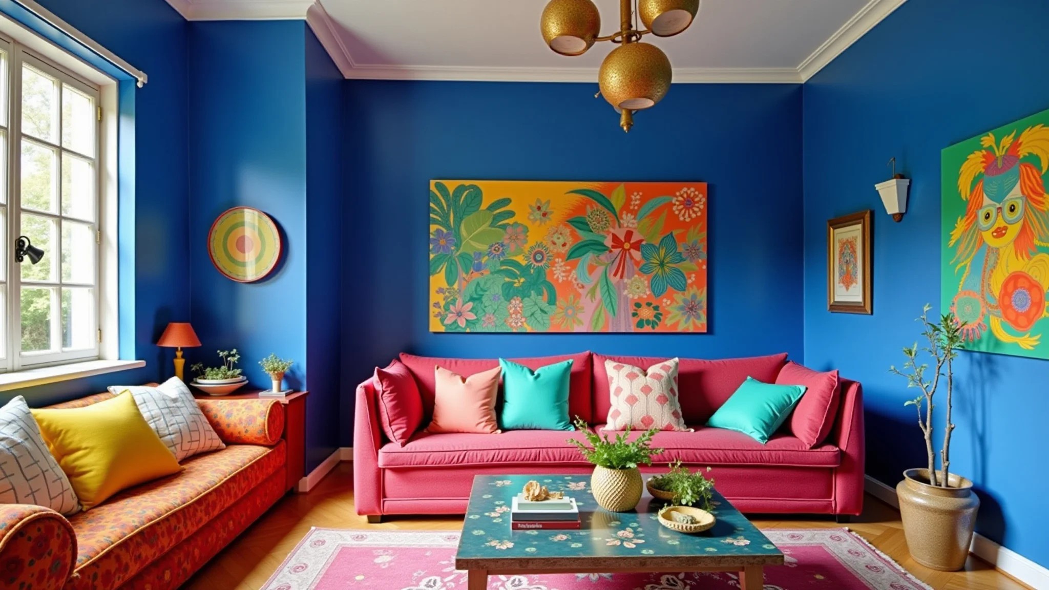 Sala de estar azul royal com detalhes coloridos e vibrantes.