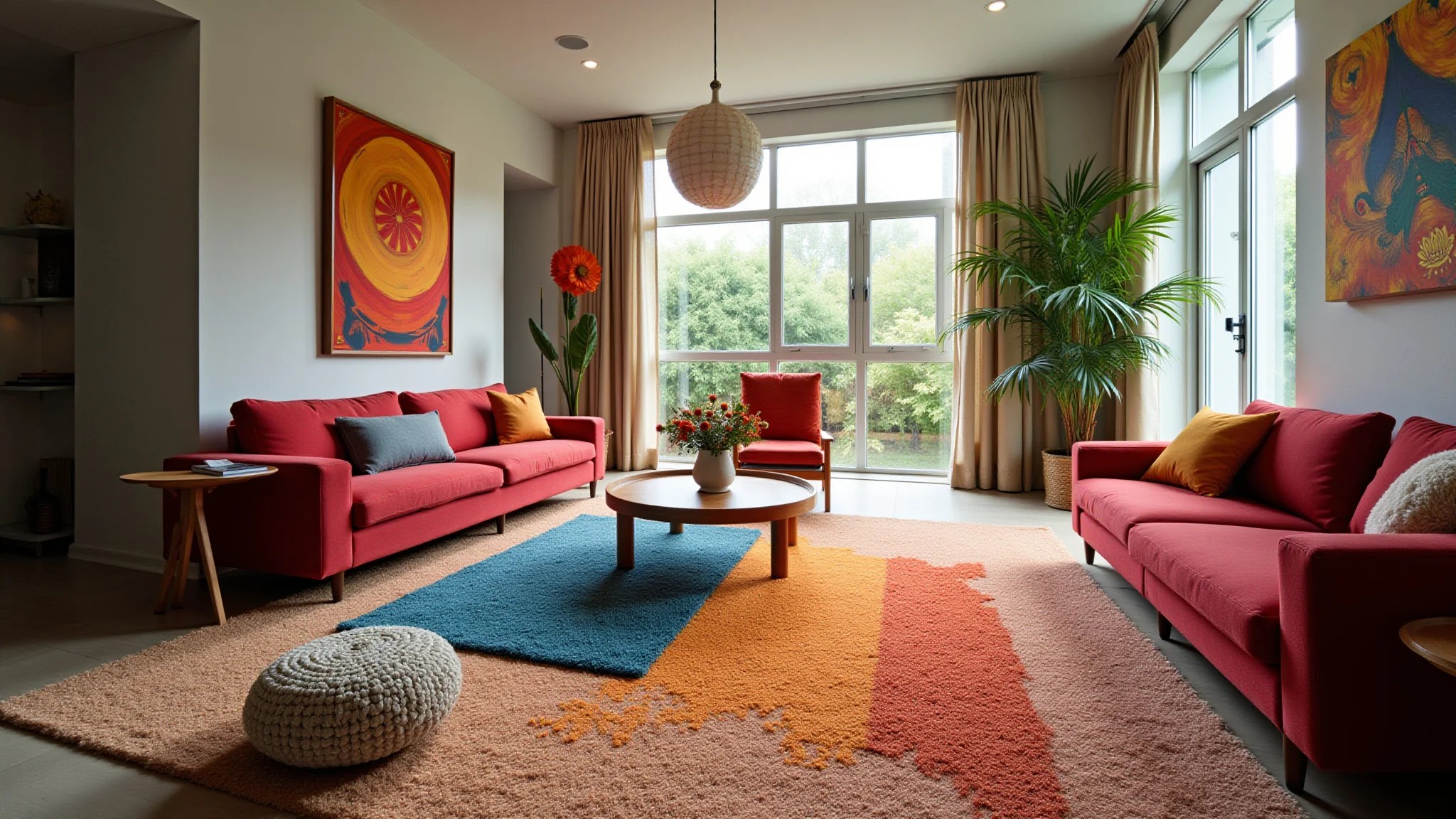 Sala de estar vibrante com diversos estilos de tapetes, luz natural e decoração brasileira.