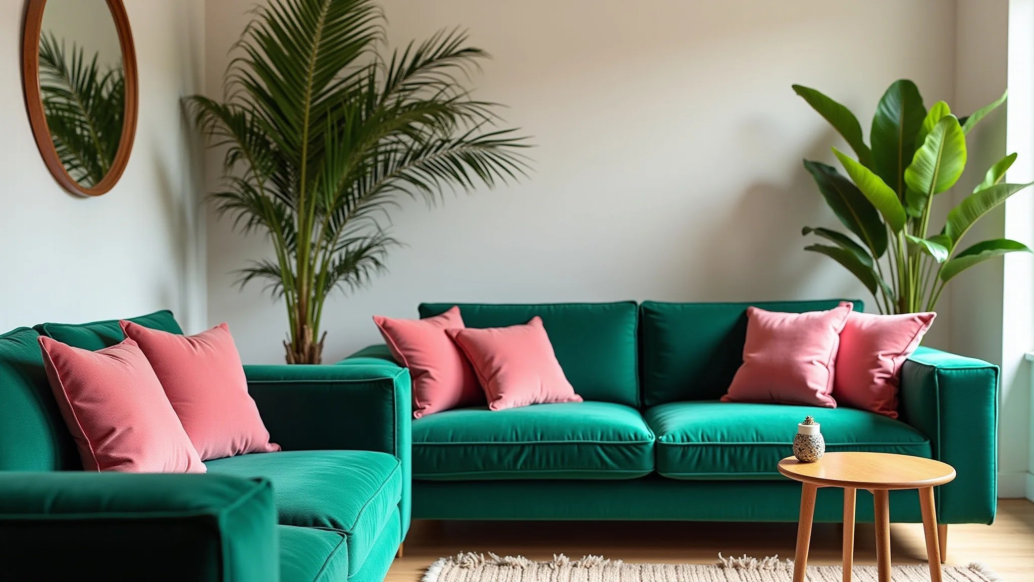 Sala vibrante com sofá verde esmeralda e almofadas rosa pink, design brasileiro.