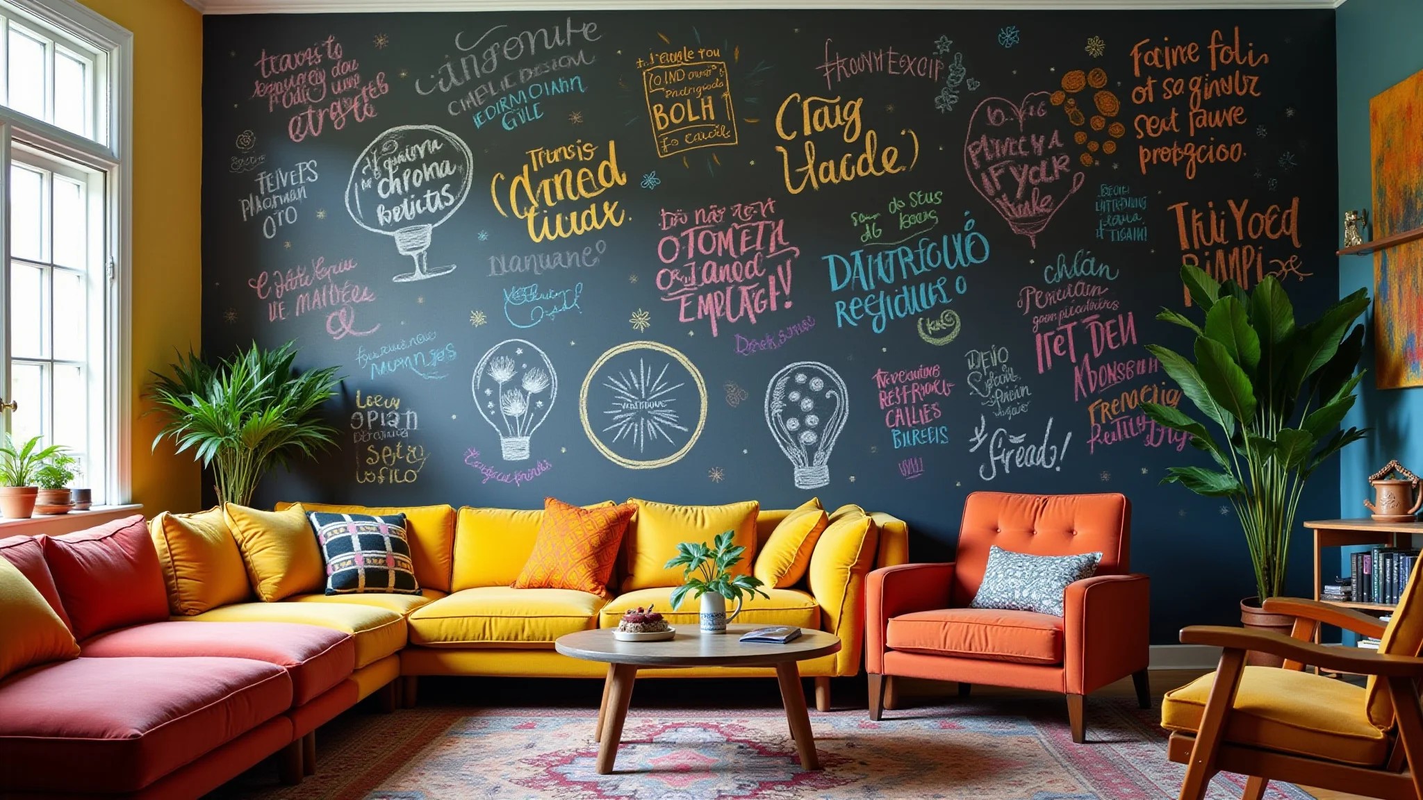 Sala de estar vibrante com parede lousa e desenhos coloridos.