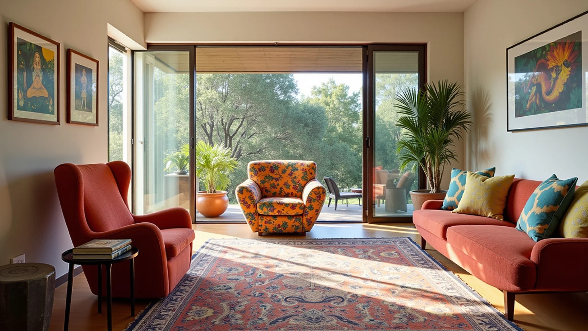 Sala de estar vibrante com poltrona colorida de destaque, design brasileiro.