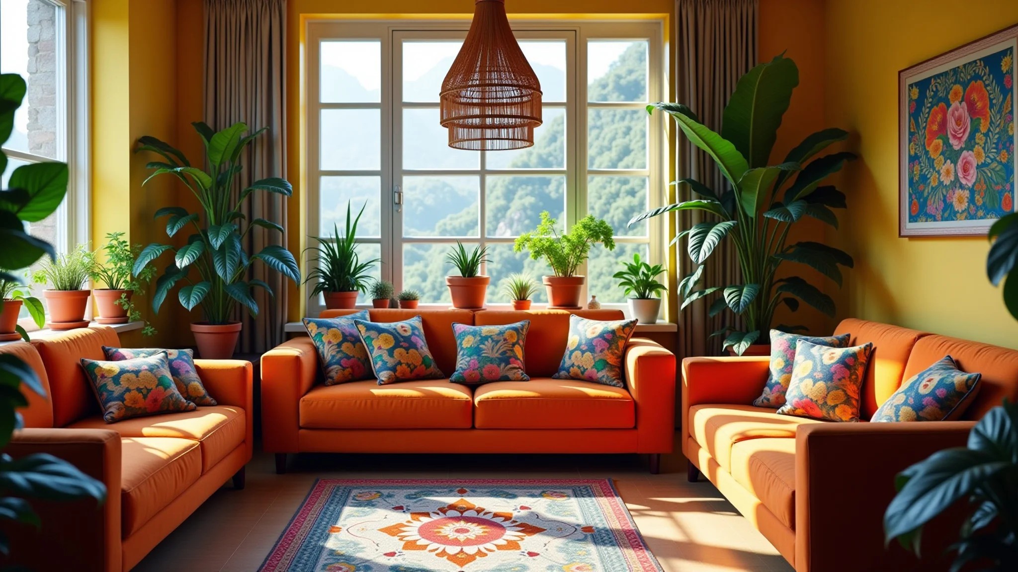 Sala de estar vibrante com decoração brasileira colorida e aconchegante.