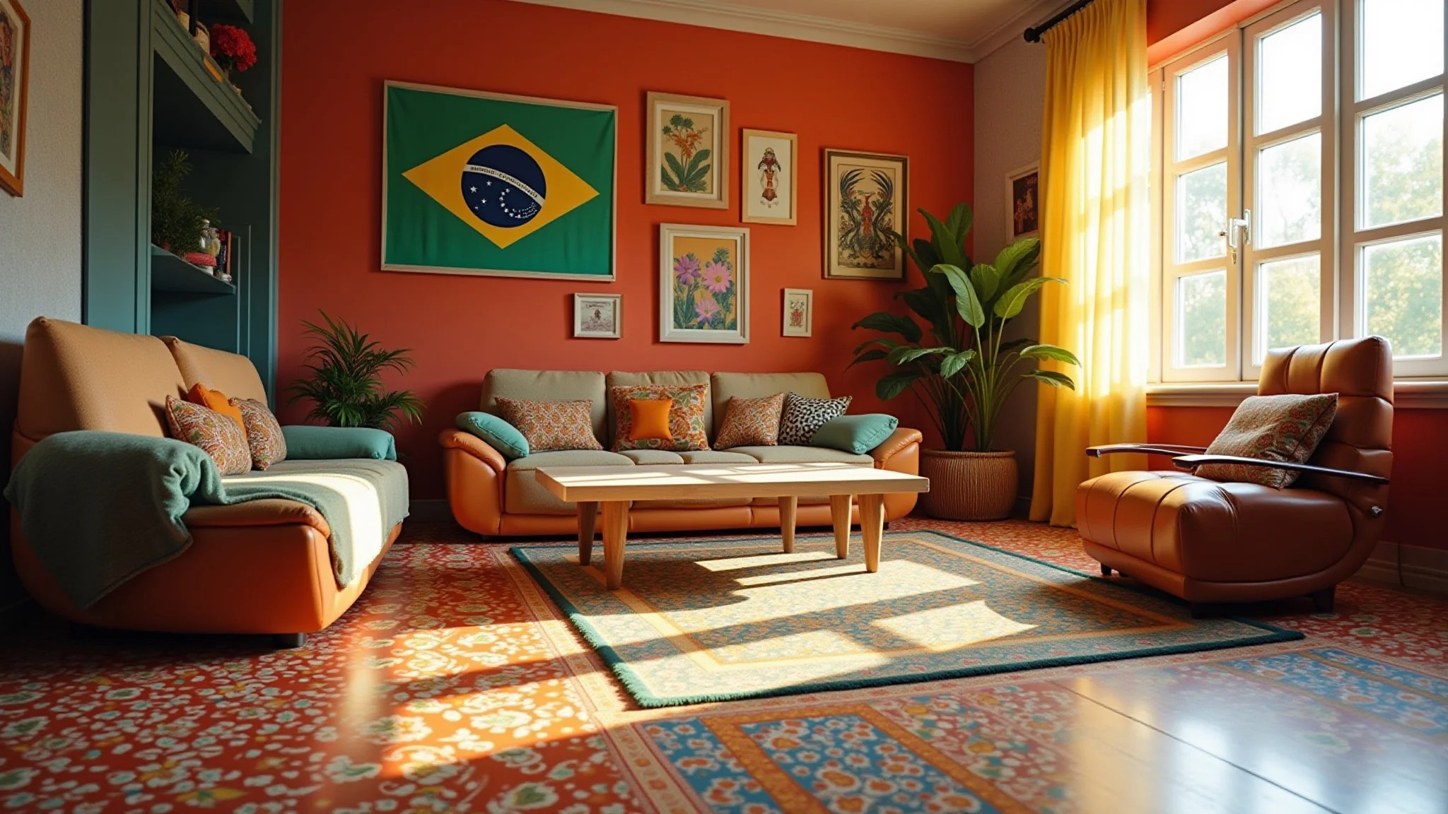 Sala vibrante com piso vinílico colorido, arte brasileira e iluminação suave.