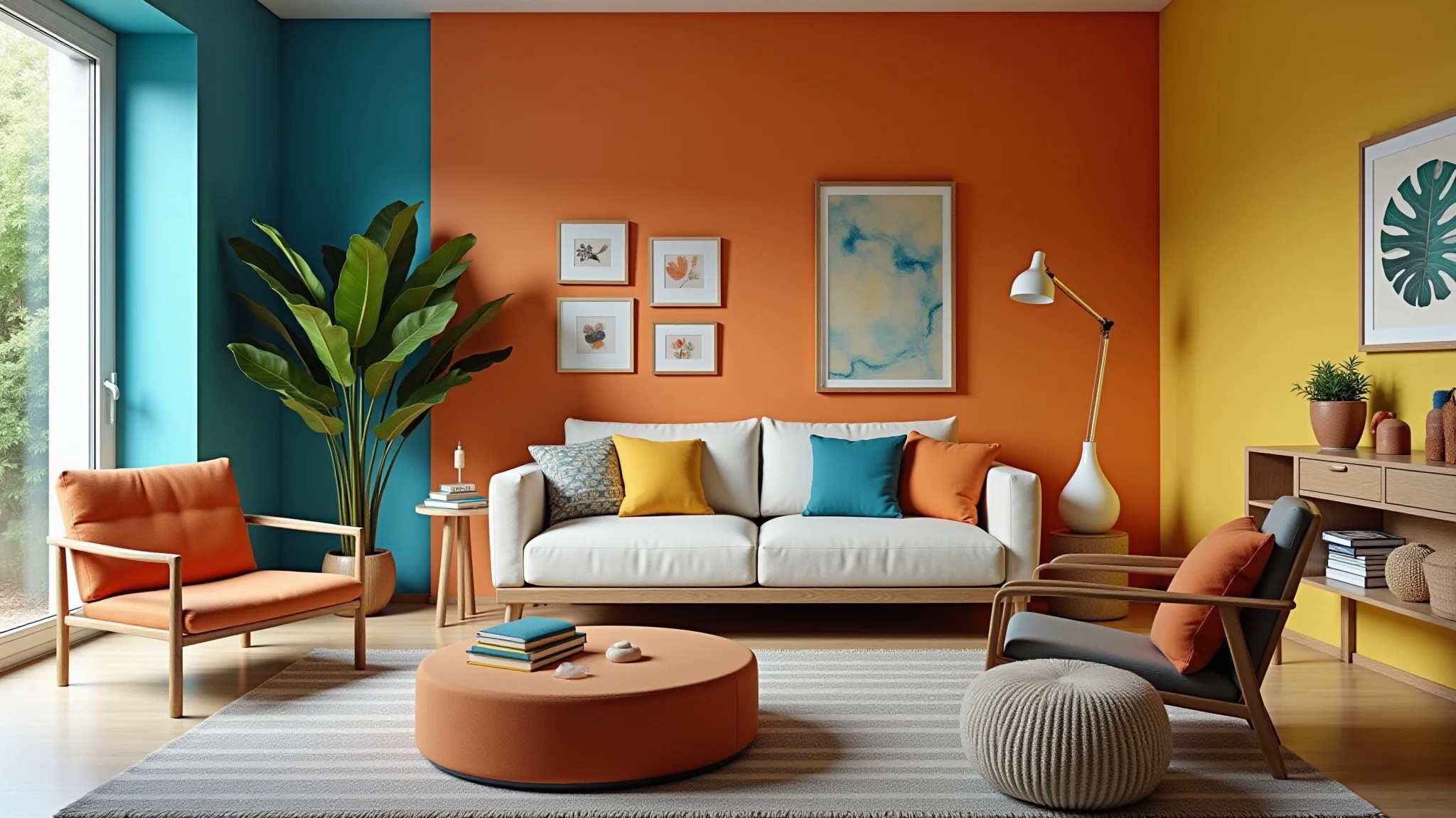 Sala vibrante com paredes coloridas e móveis neutros, design brasileiro.
