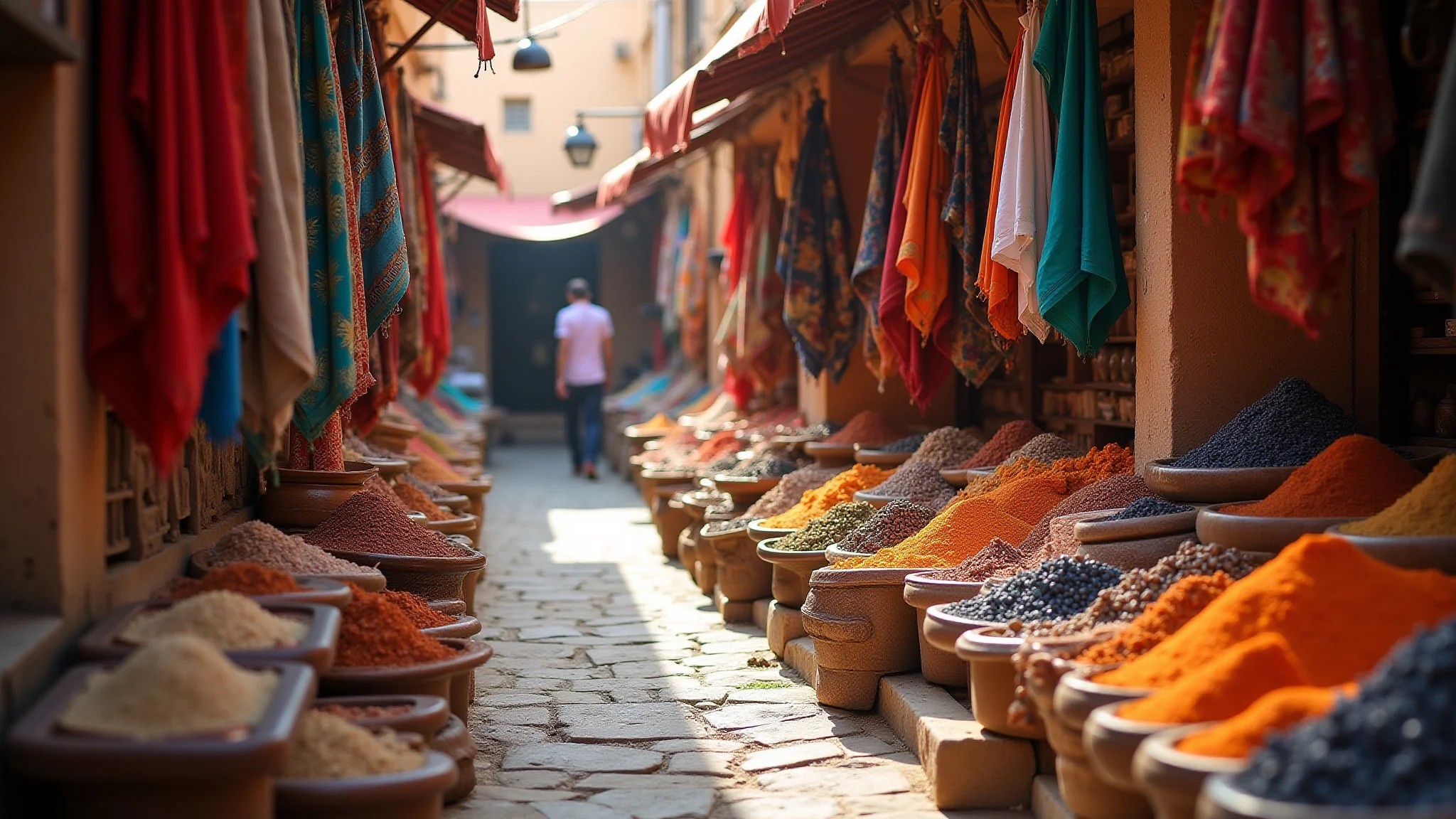 Mercado marroquino vibrante com artesãos locais, especiarias e tecidos coloridos.