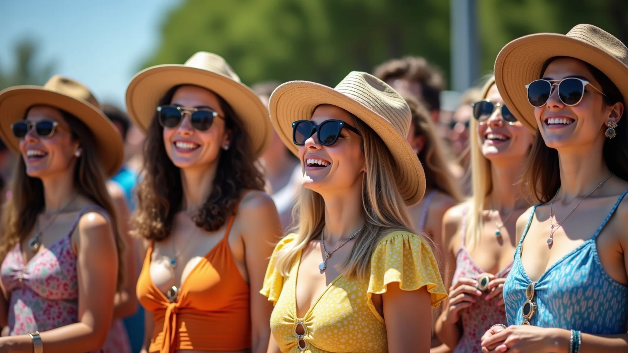 Mulheres curtindo show de pagode de dia com looks estilosos e confortáveis.