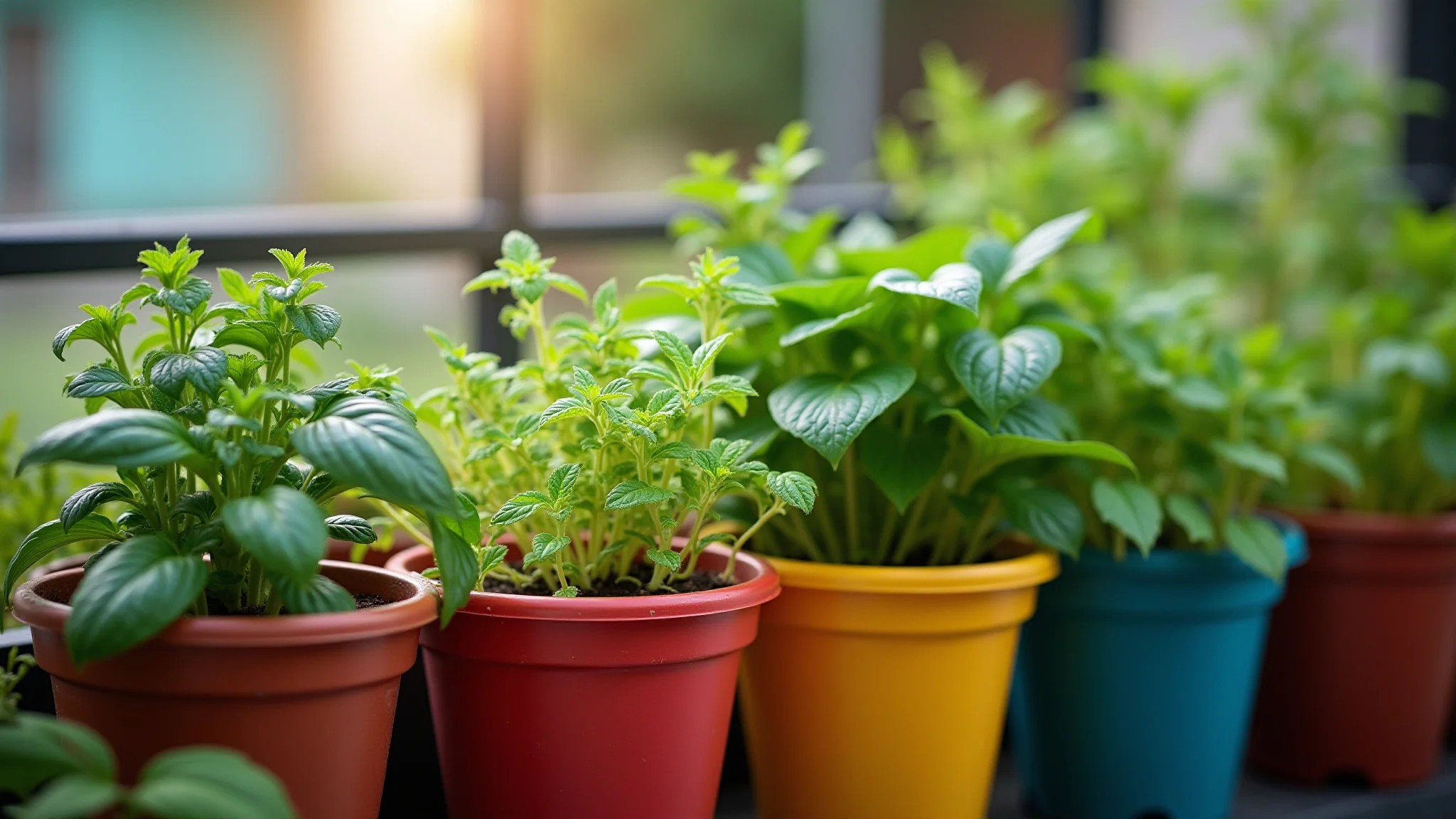 Pequena horta urbana em varanda com ervas e vegetais em vasos coloridos.