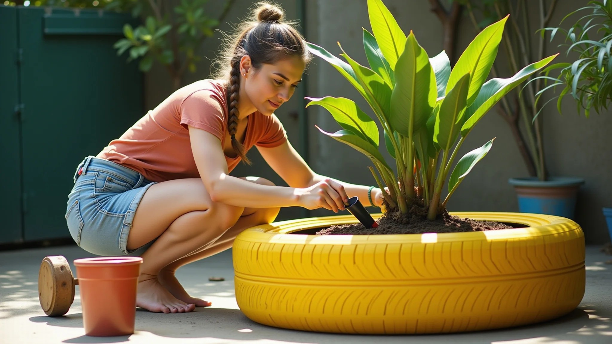 Mulher pintando pneu de amarelo vivo para transformá-lo em um vaso de plantas colorido.