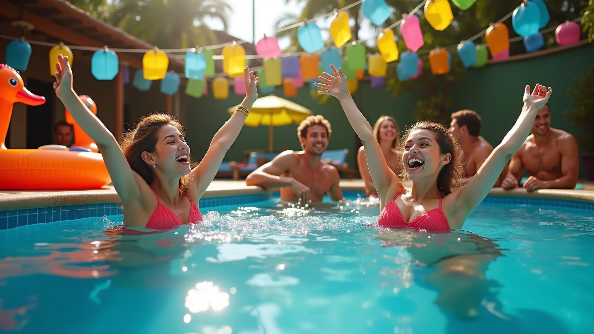 Pool party vibrante com decorações coloridas, iluminação festiva e brinquedos infláveis.