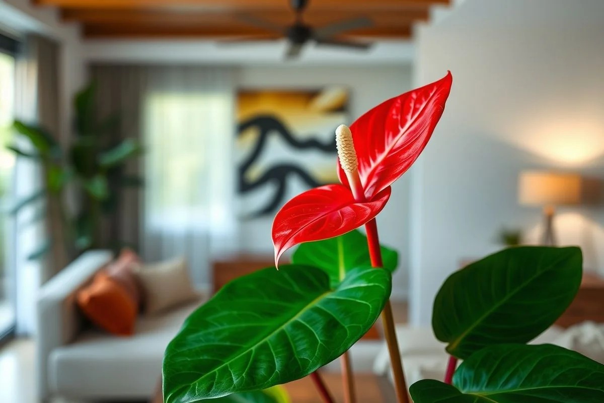 Antúrio vermelho vibrante em sala de estar moderna com decoração brasileira.