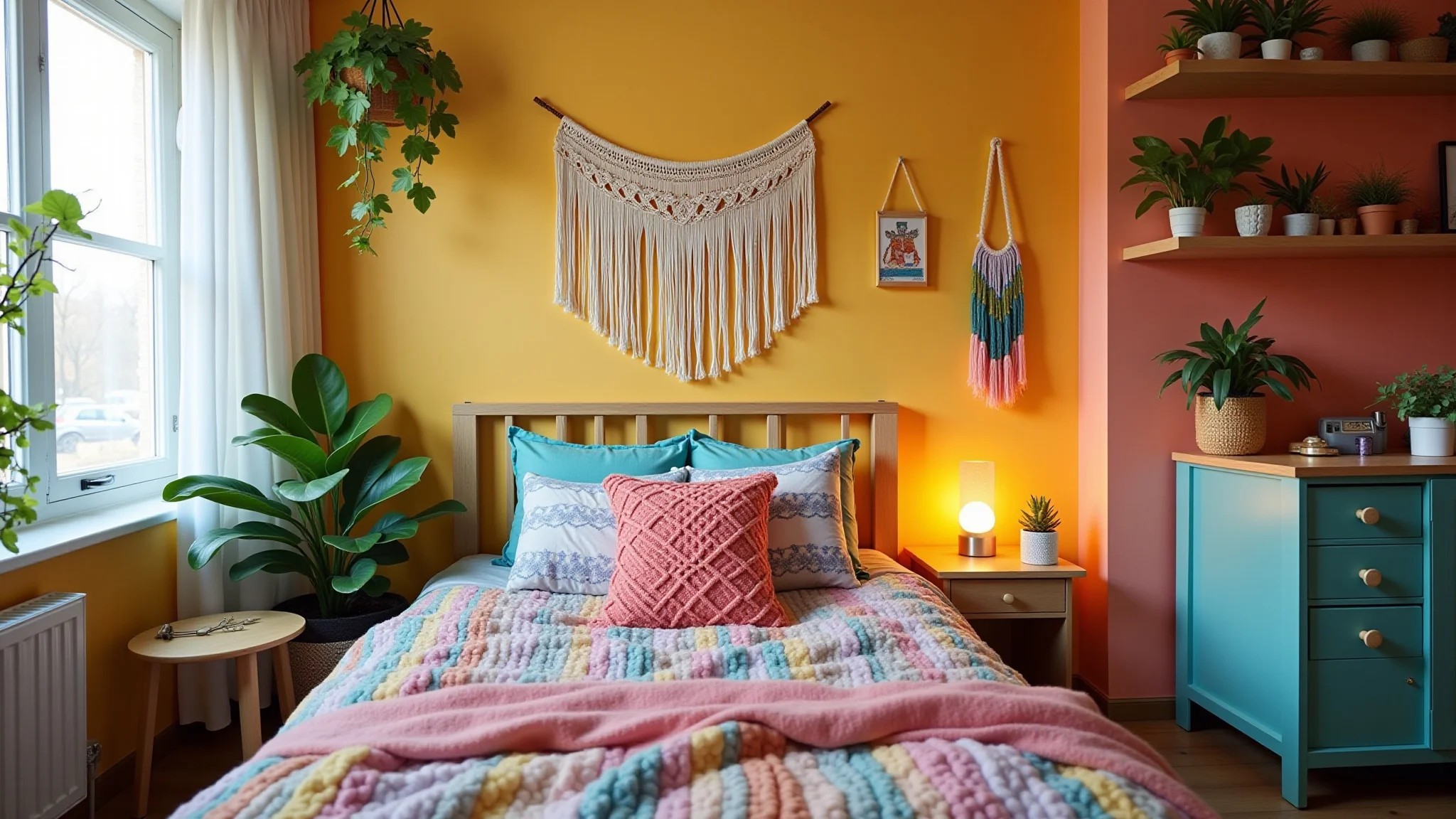 Quarto de adolescente feminino em estilo boho com macramê, plantas e tecidos coloridos.
