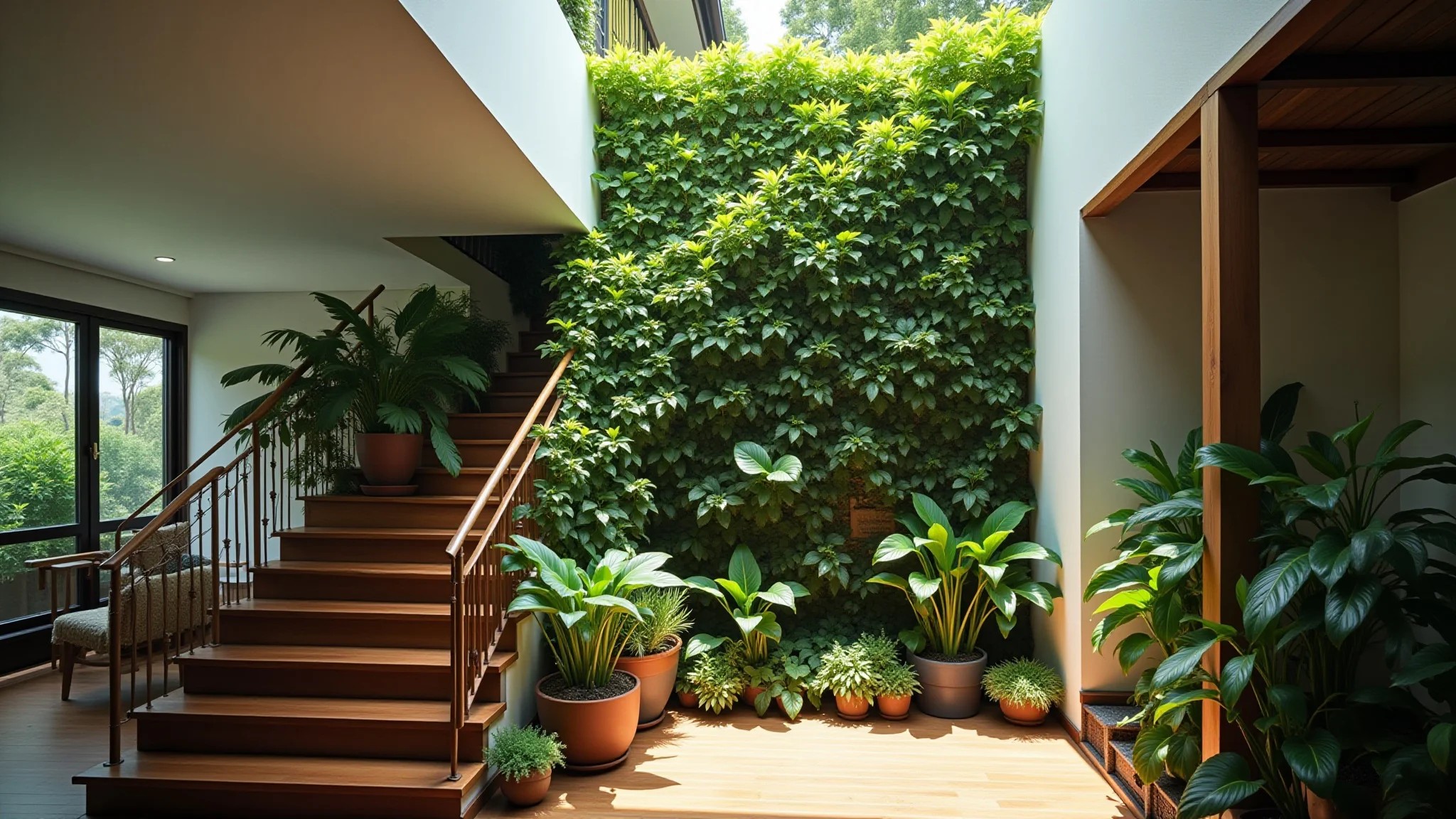 Jardim vertical vibrante sob a escada com plantas exuberantes e iluminação natural.
