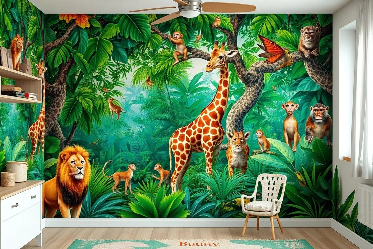 Papel de parede vibrante com animais da selva: leões, girafas e macacos em fundo verde.