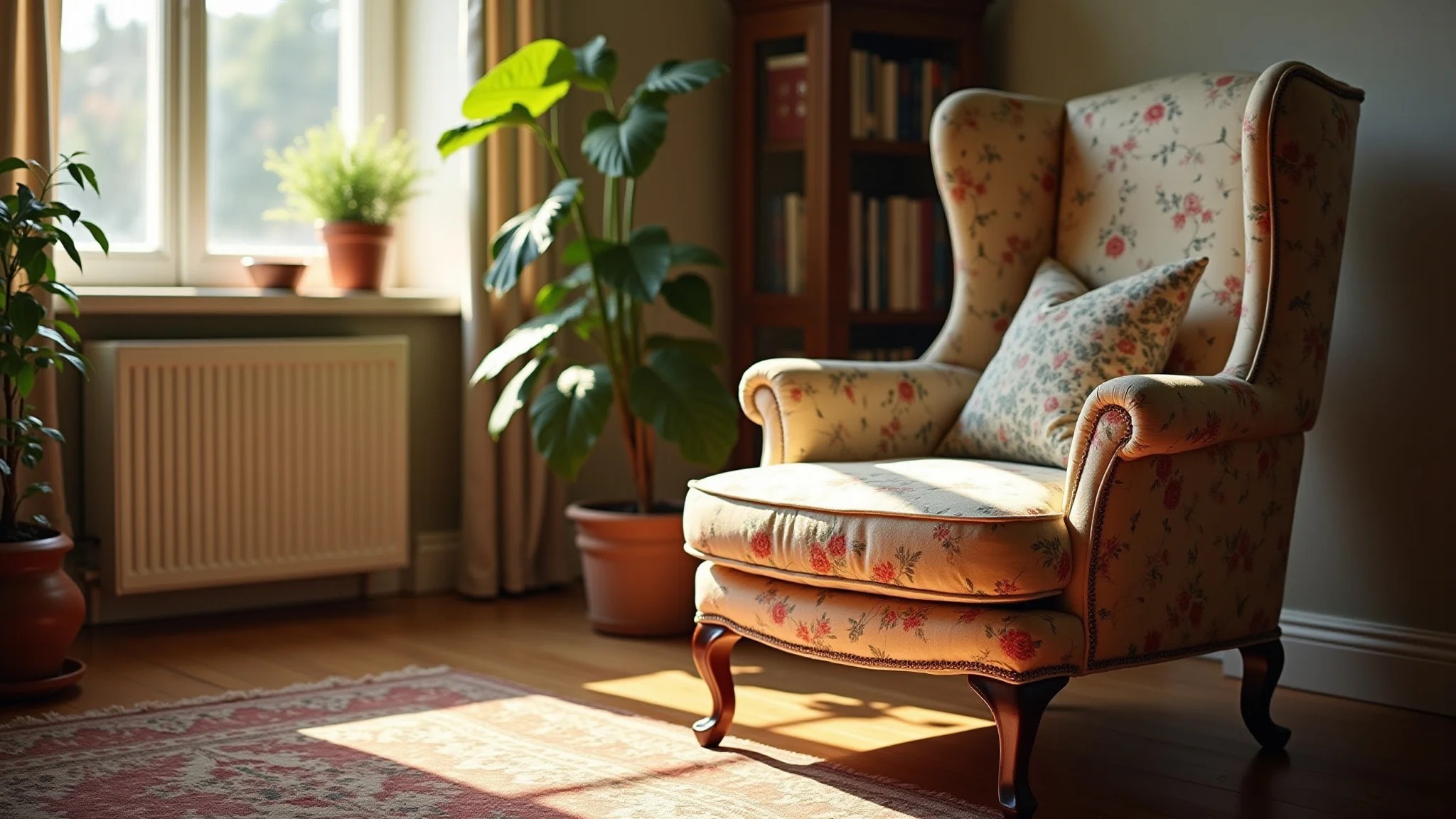 Poltrona vintage com estampa floral e pés de madeira em sala aconchegante.
