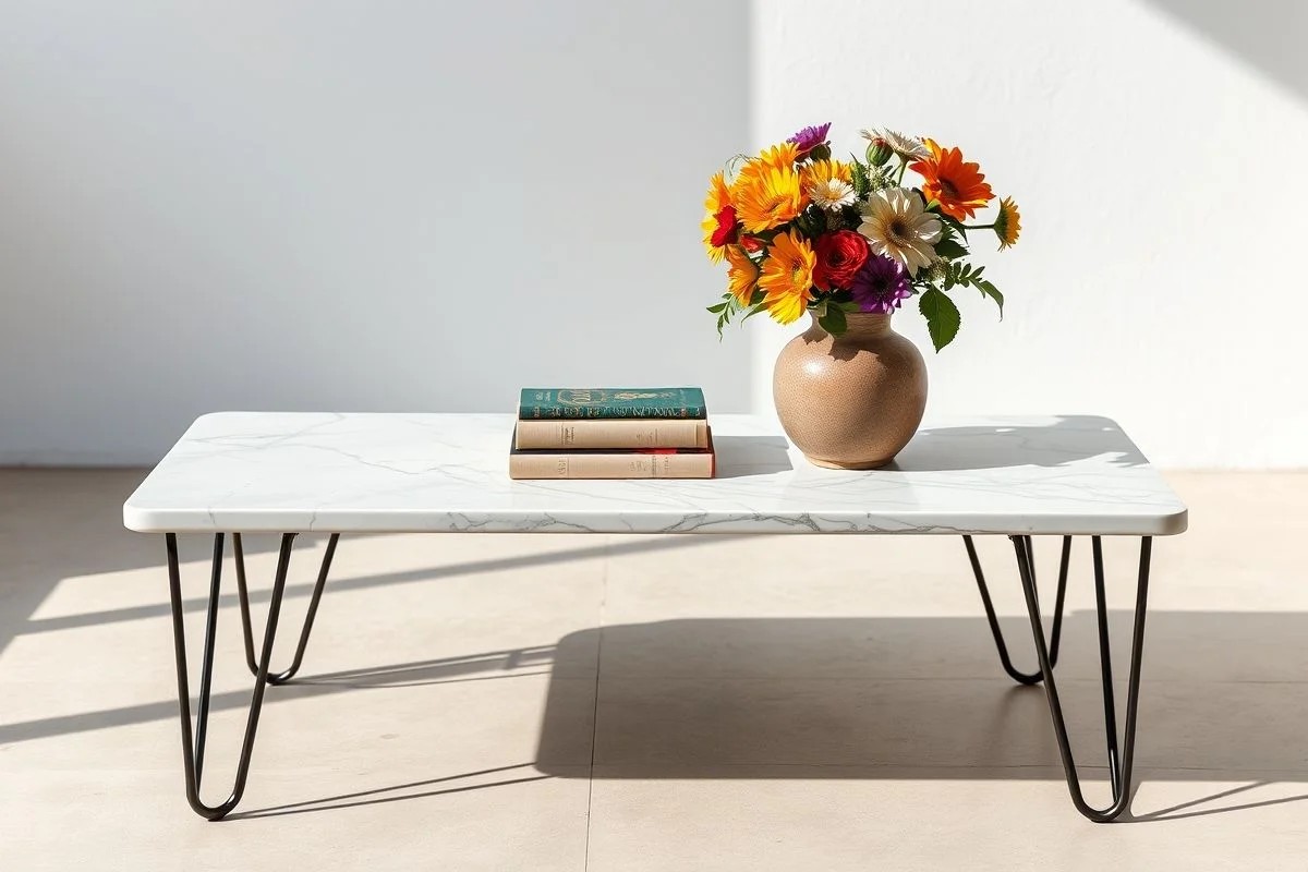 Mesa de centro vintage com livros antigos e vaso de cerâmica