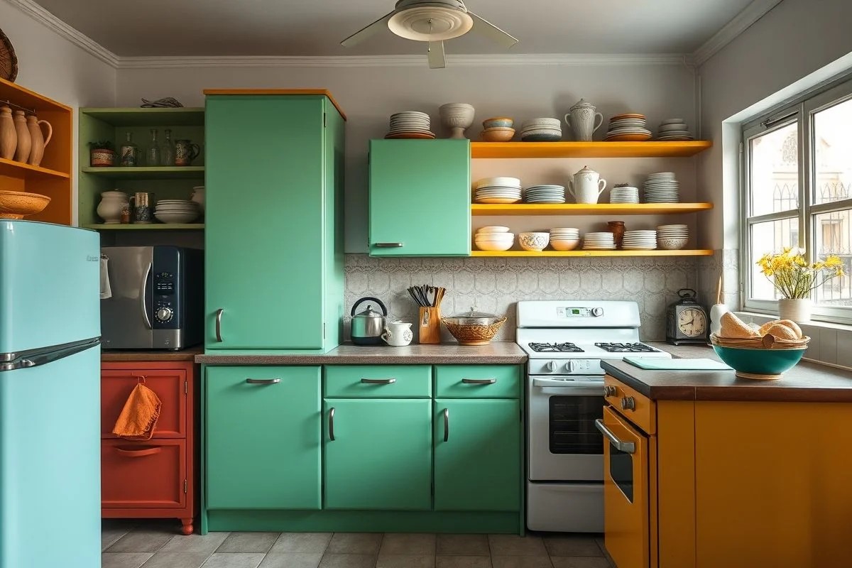 Cozinha vintage brasileira com eletrodomésticos retrô e armários coloridos.