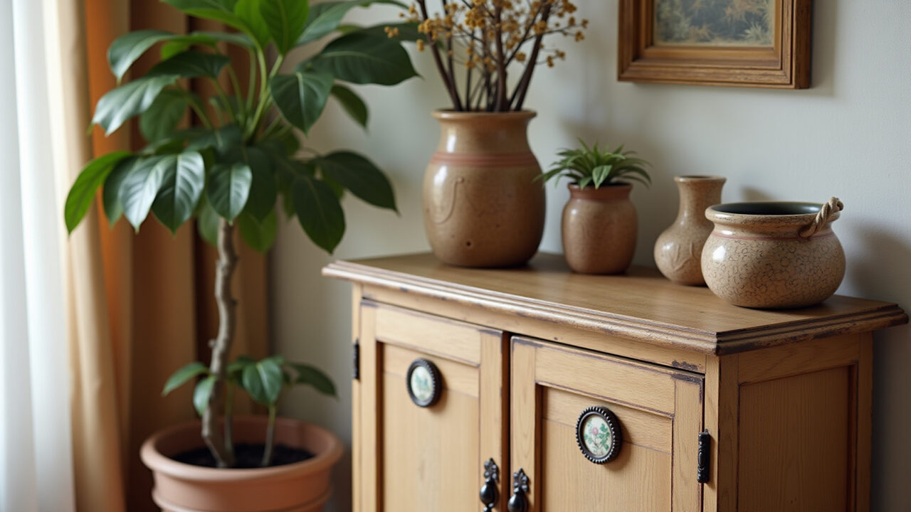Vintage cabinet with ceramic pulls in a charming Brazilian home, professional photography, Armário vintage com puxadores de cerâmica em casa brasileira.