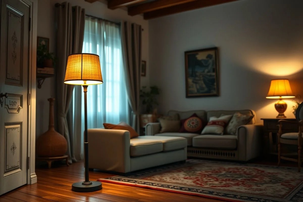 Luminária de chão vintage com luz quente em sala brasileira