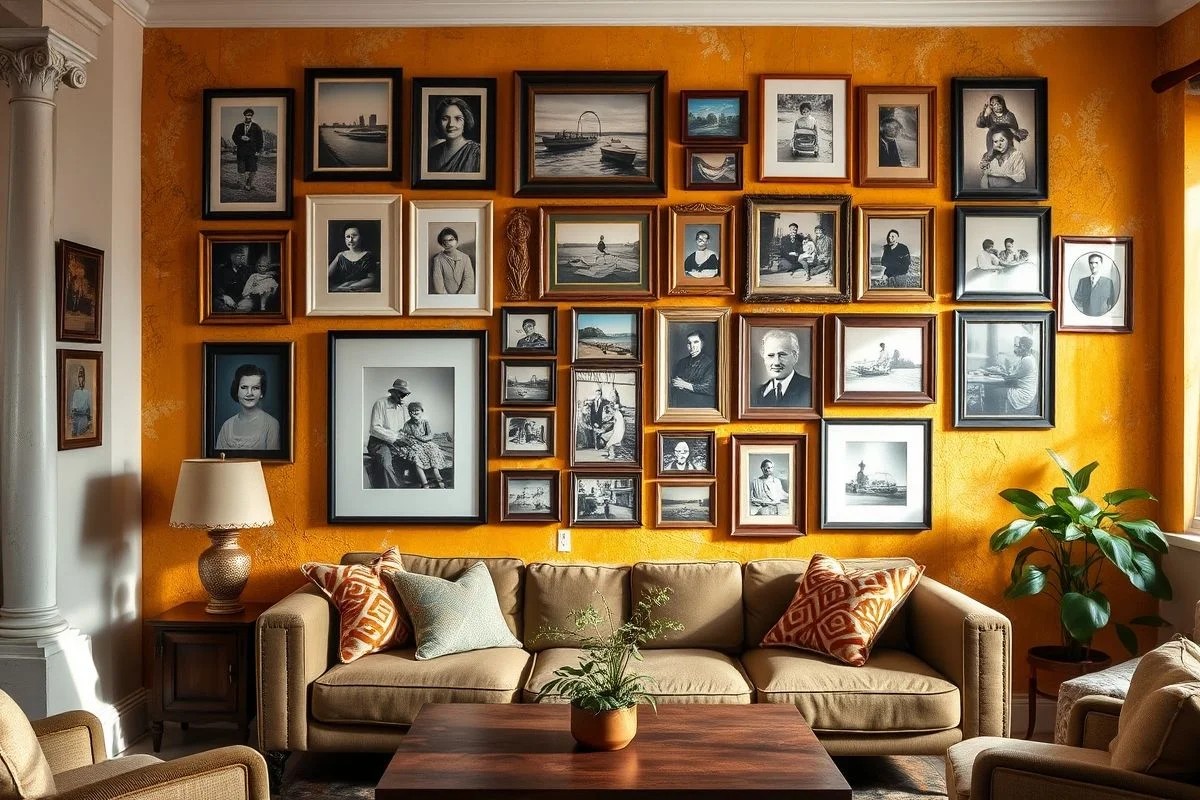 Galeria de arte vintage com fotos antigas em sala brasileira