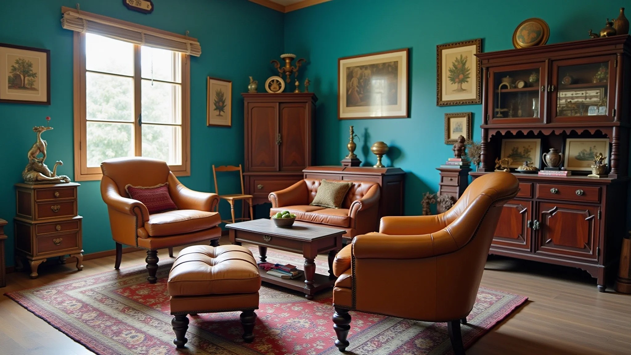 Sala de estar azul petróleo com móveis vintage e toque retrô.