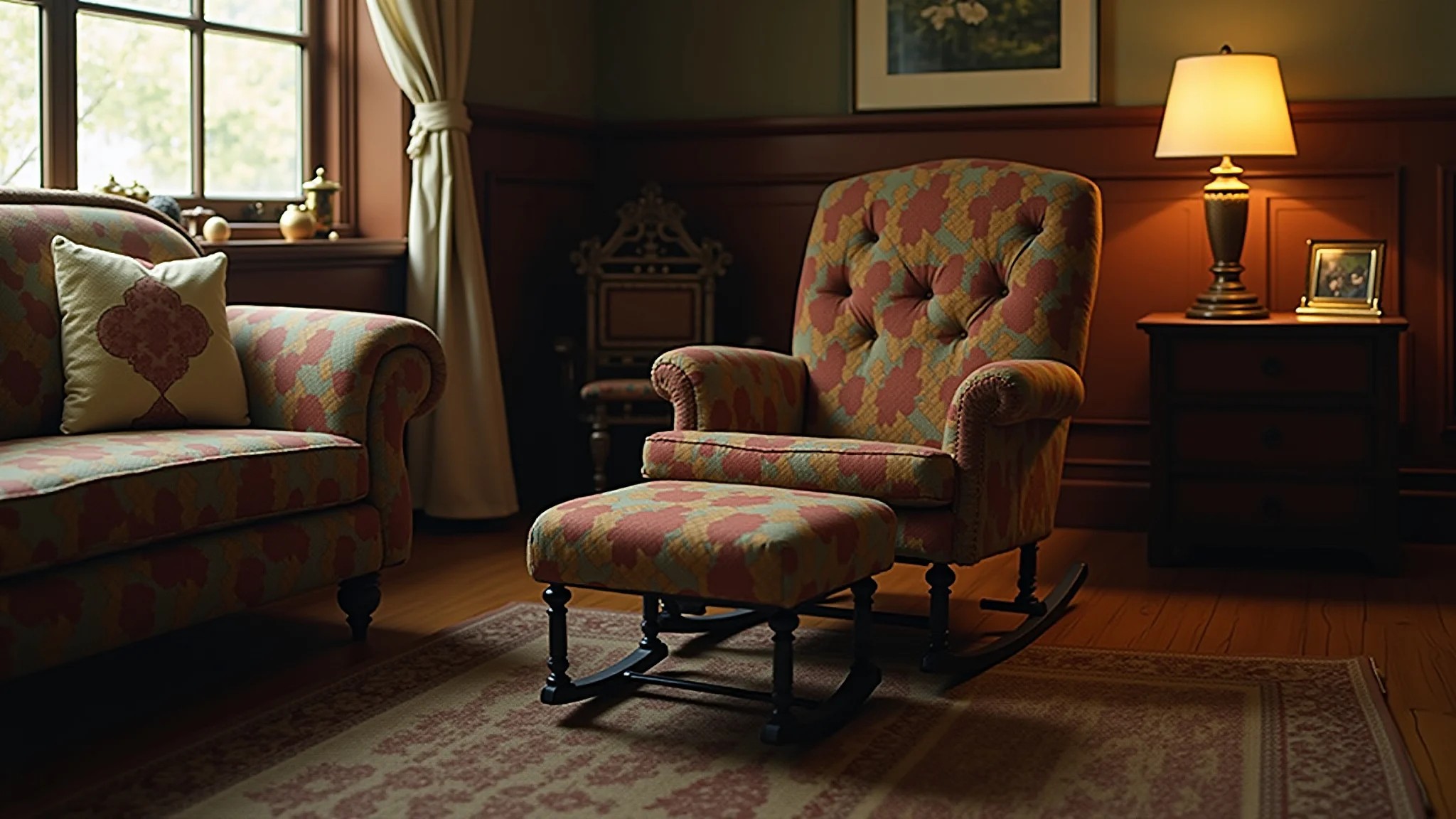Sala vintage com poltrona de balanço e almofada colorida.