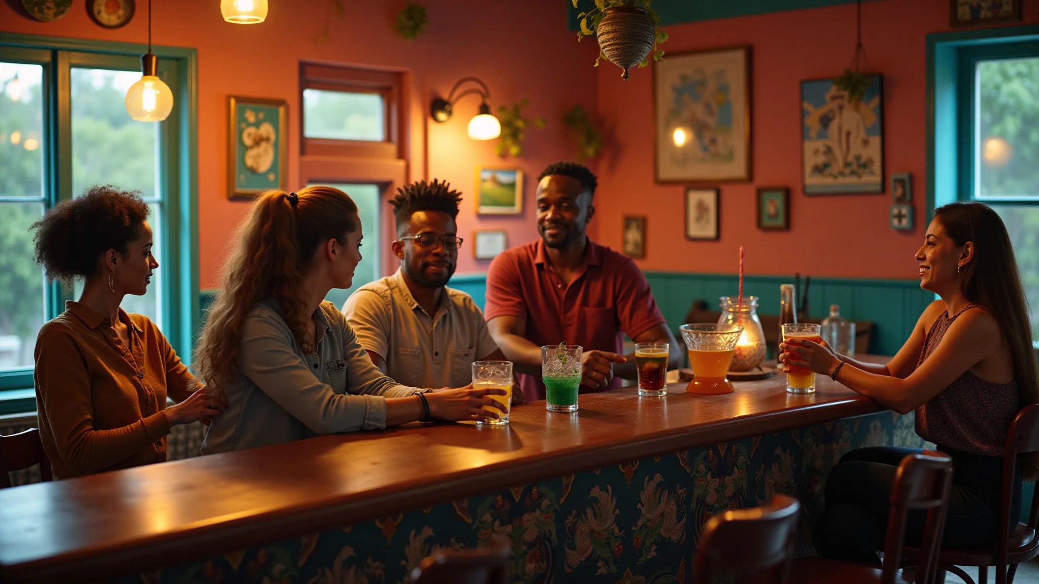 Bar vintage com amigos bebendo. Decoração colorida e ambiente acolhedor.