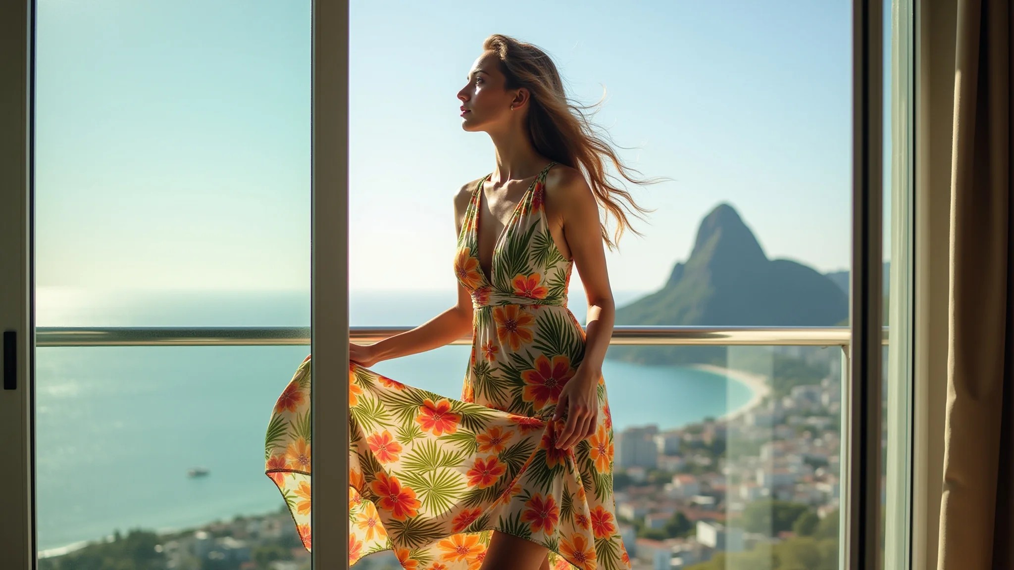 Vestido de viscose com estampa tropical esvoaçando ao vento, Rio de Janeiro.