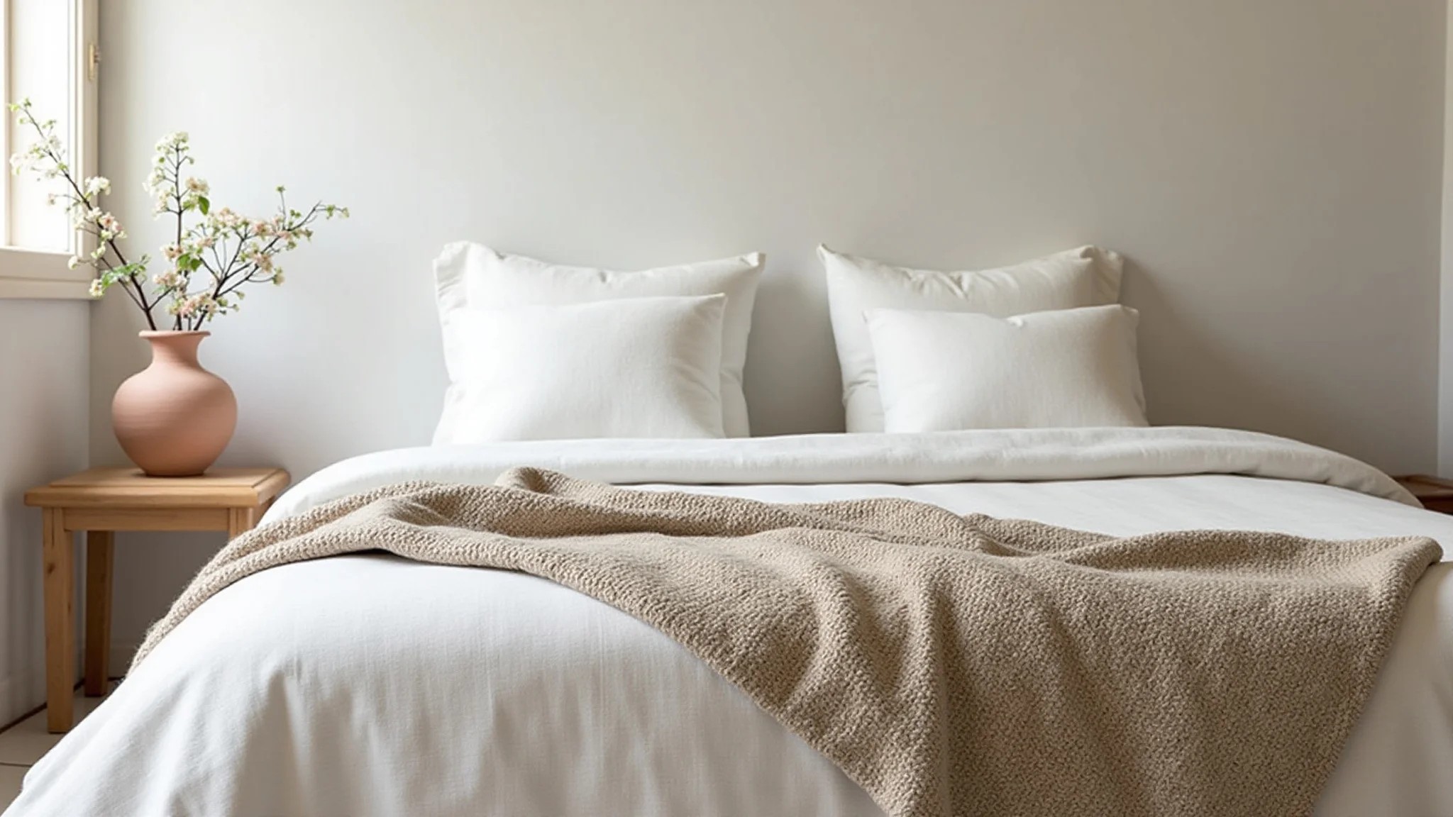 Quarto wabi-sabi com roupa de cama de linho e vaso de argila com flores.