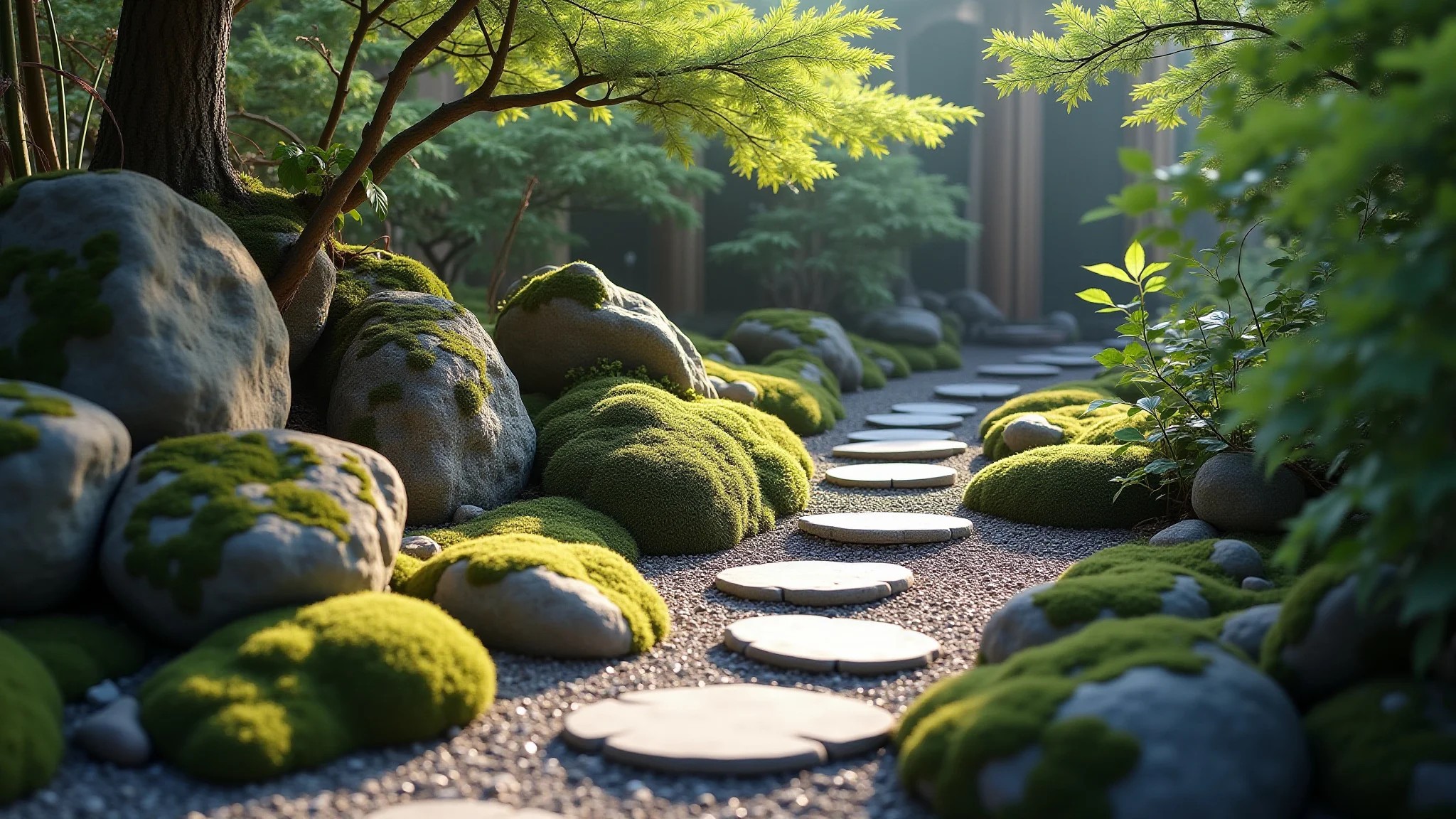 Jardim wabi-sabi com caminho de pedra e plantas nativas.