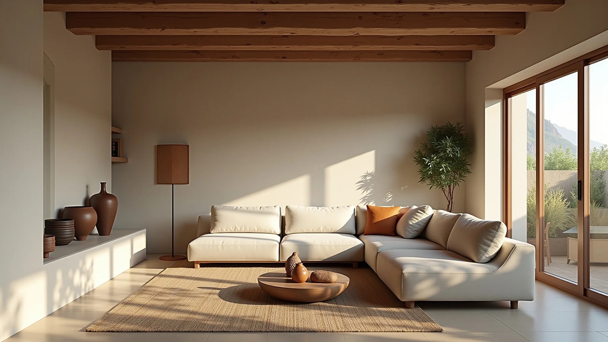 Sala de estar wabi-sabi com luz natural, tons neutros e decoração minimalista.