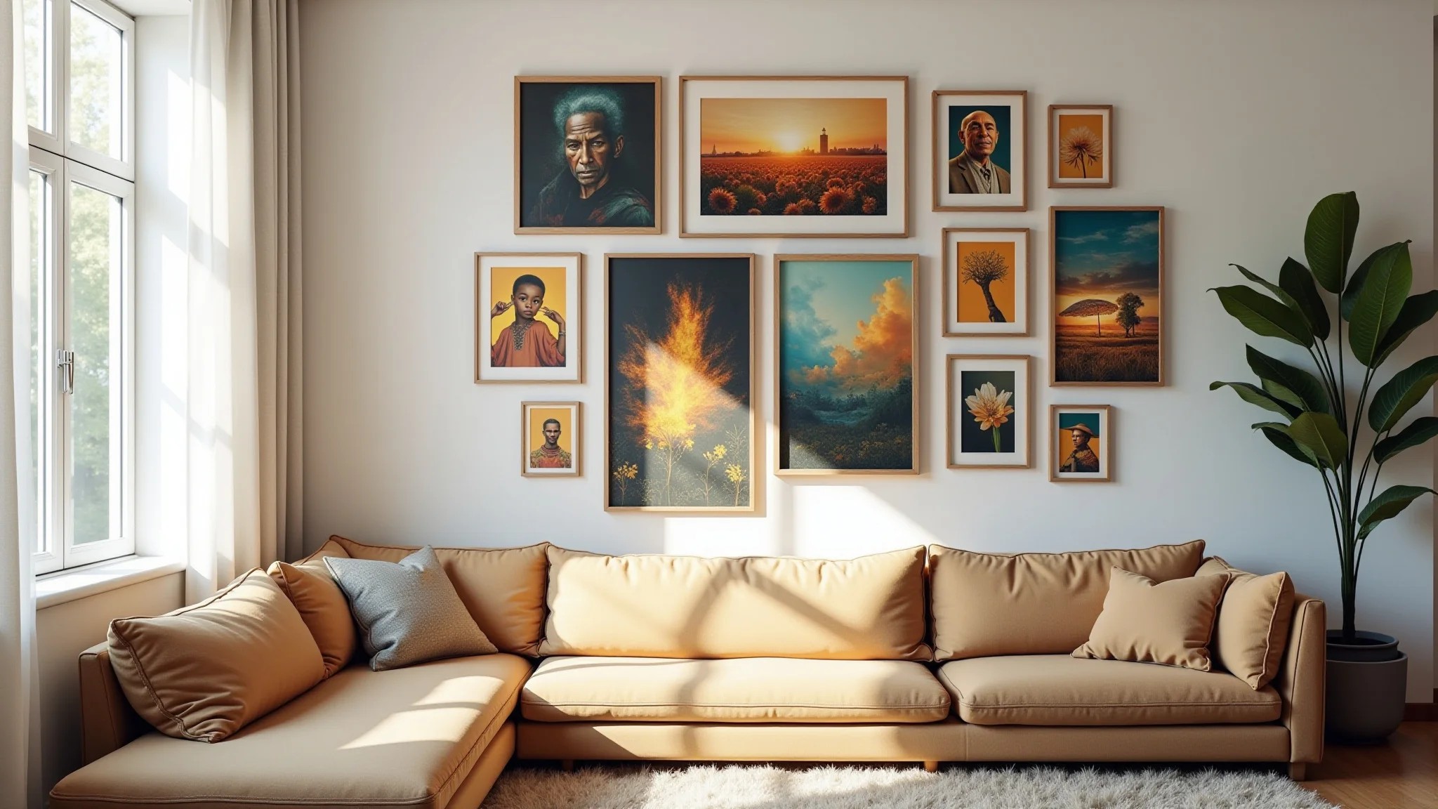 Galeria de quadros diversos em parede de sala de estar iluminada, decoração brasileira.