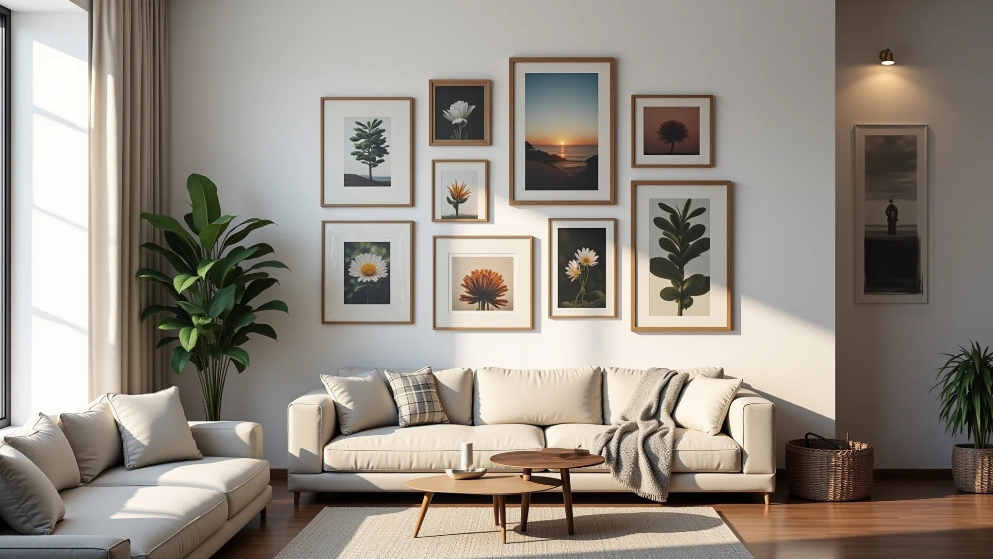 Galeria de parede com diversos quadros e gravuras em sala de estar brasileira.