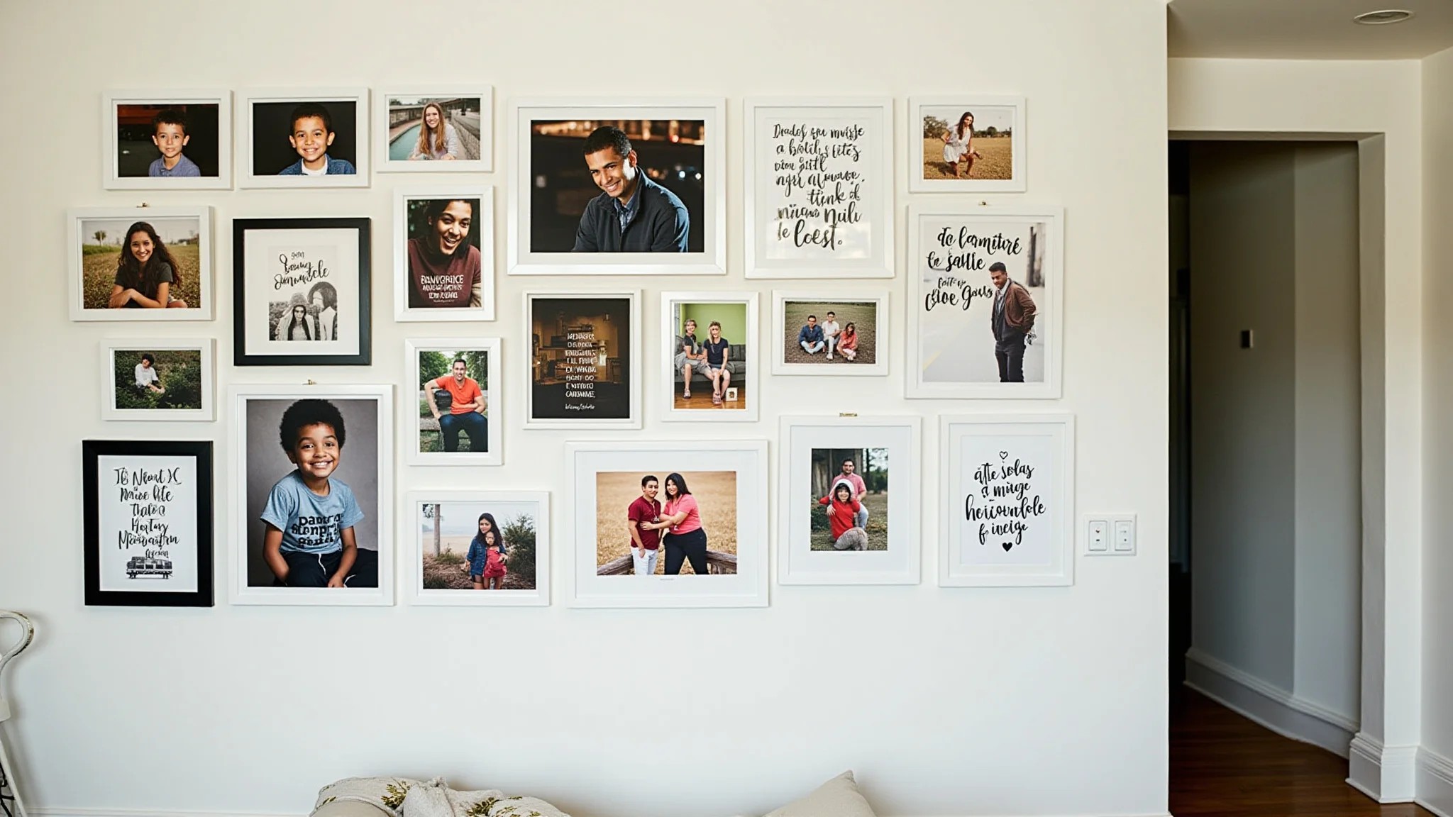 Parede com fotos e frases inspiradoras em quarto decorado no estilo Tumblr brasileiro.