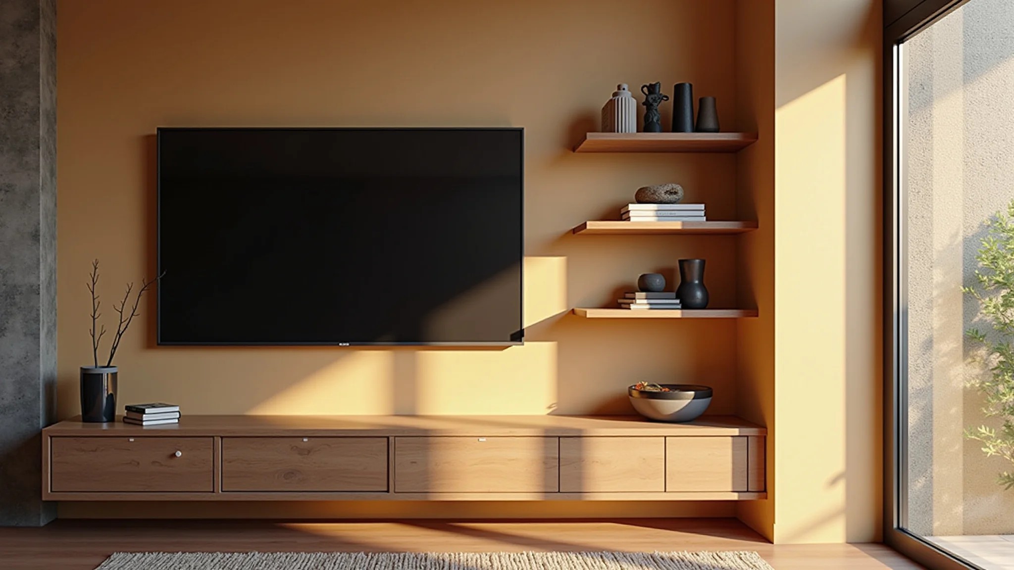 Sala de TV organizada com prateleiras flutuantes, iluminação suave e cores quentes.